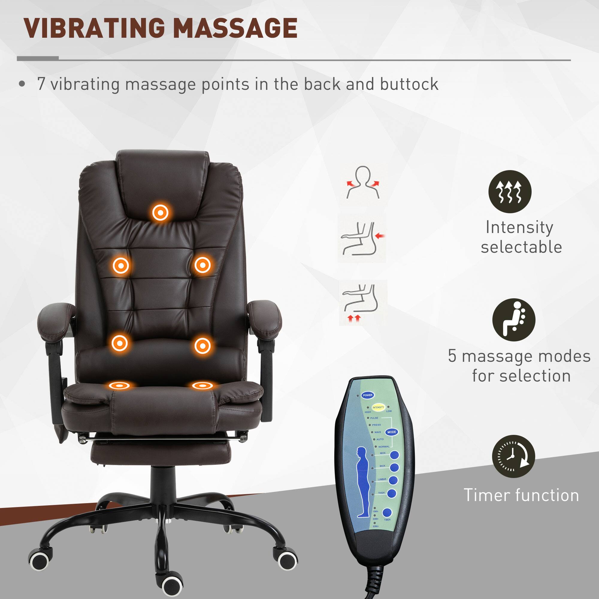 VIBRATING MASSAGE
7 vibrating massage points in the back and buttock
Intensity selectable
5 massage modes for selection
Timer function