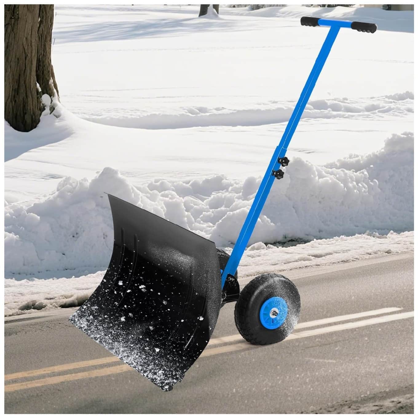 GARVEE - Snow Shovel for Driveway with Wheels, Heavy Duty Snow Pusher, Snow Plow Shovel Rolling - Black and Blue