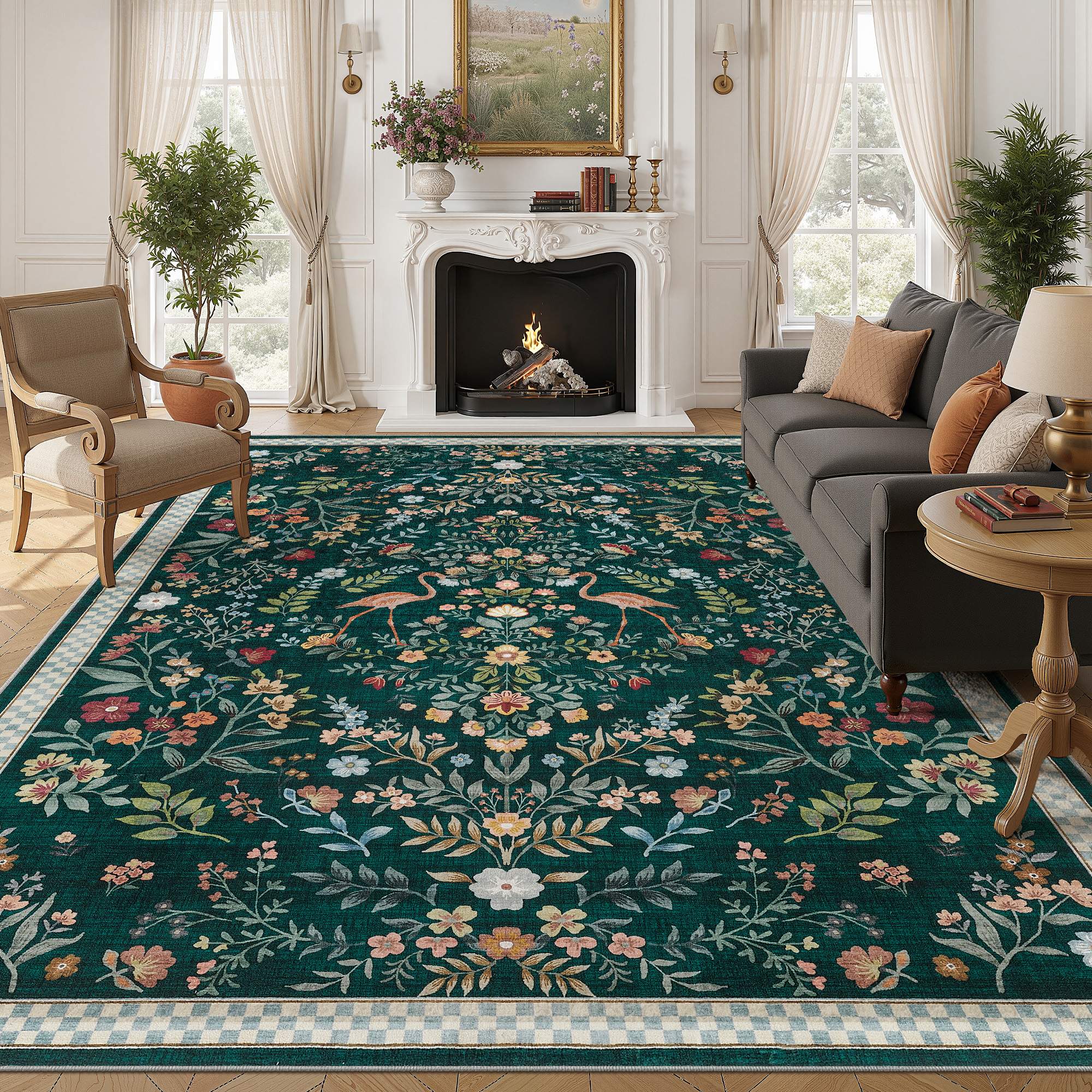 Left. Yardgrace - 5' x 7' ft Washable Farmhouse Floral Area Rug with Non-Slip for Bedroom Nursery Living Room Decor - Green.