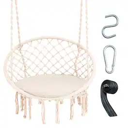 Gymax - Hammock Swing Chair with Cushion Hanging Hardware Kit Indoor Outdoor - Beige