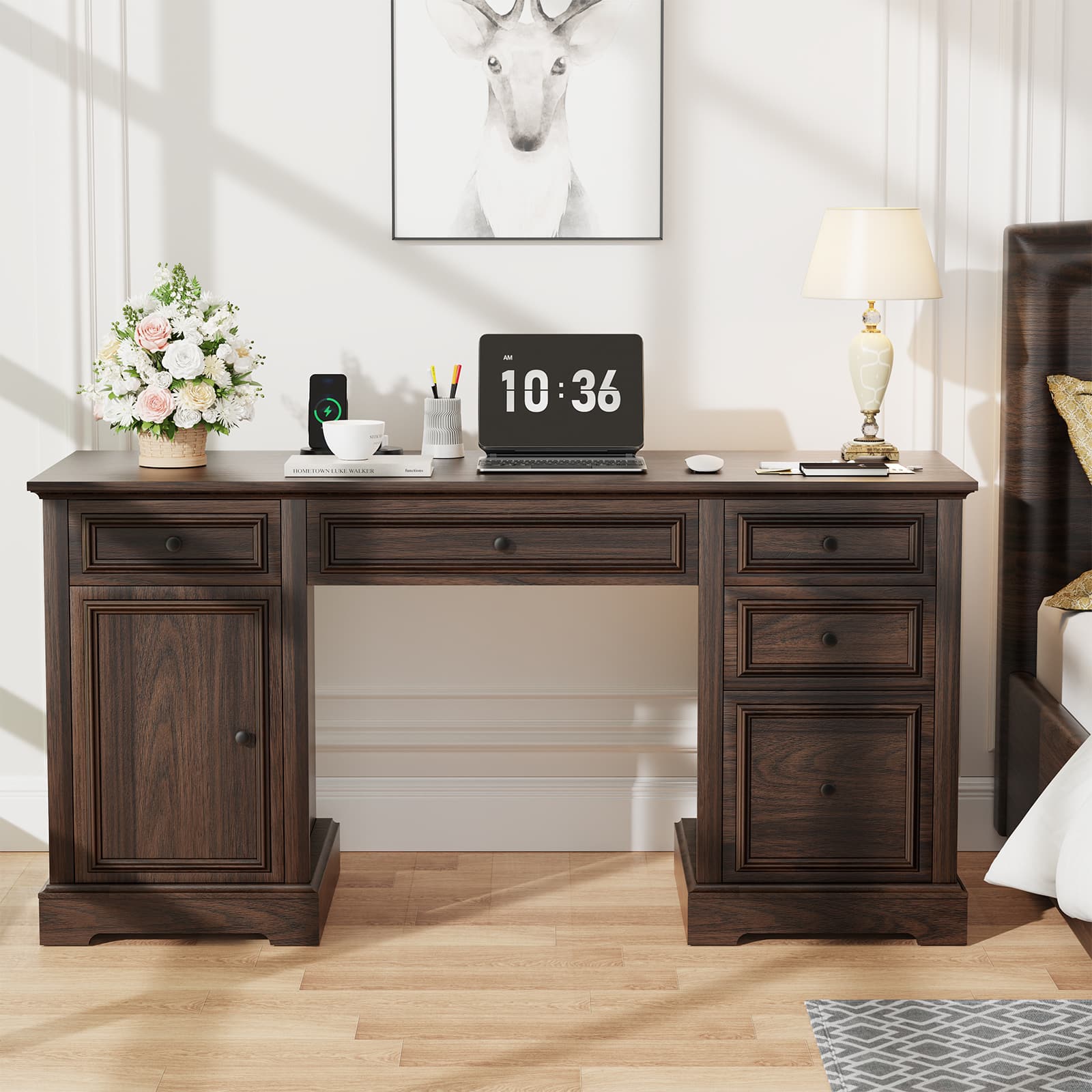 Vipbear - 60" Executive Desk with 4 Drawers and Cabinet, Home Office Desk with File Cabinet, Rustic Computer Desk - Brown