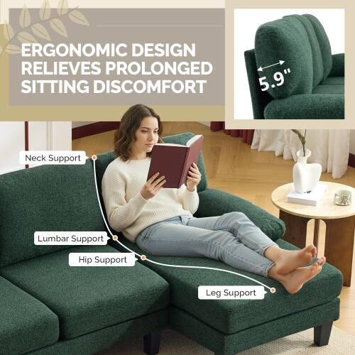 ERGONOMIC DESIGN RELIEVES PROLONGED SITTING DISCOMFORT

- Neck Support
- Lumbar Support
- Hip Support
- Leg Support

5.9"