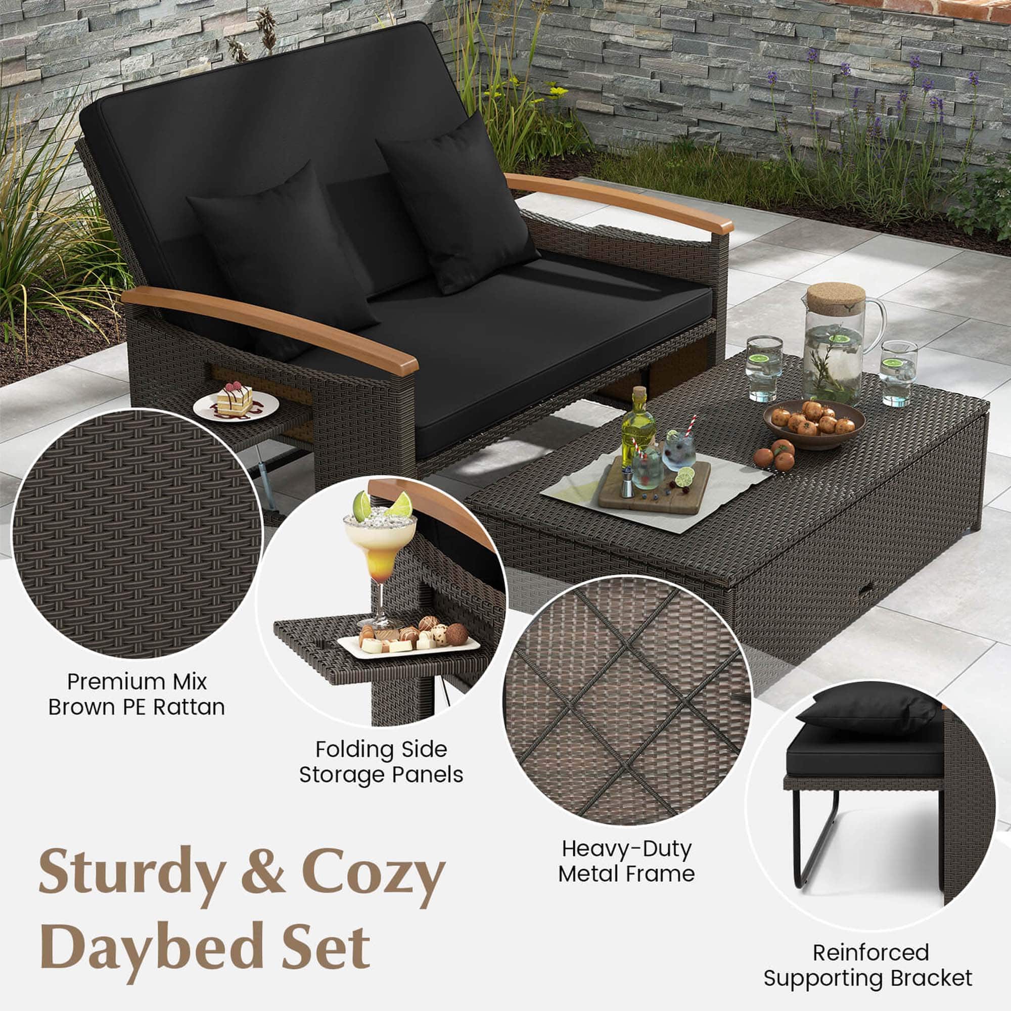 Premium Mix Brown PE Rattan Folding Side Storage Panels Sturdy & Cozy Daybed Set Heavy-Duty Metal Frame Reinforced Supporting Bracket