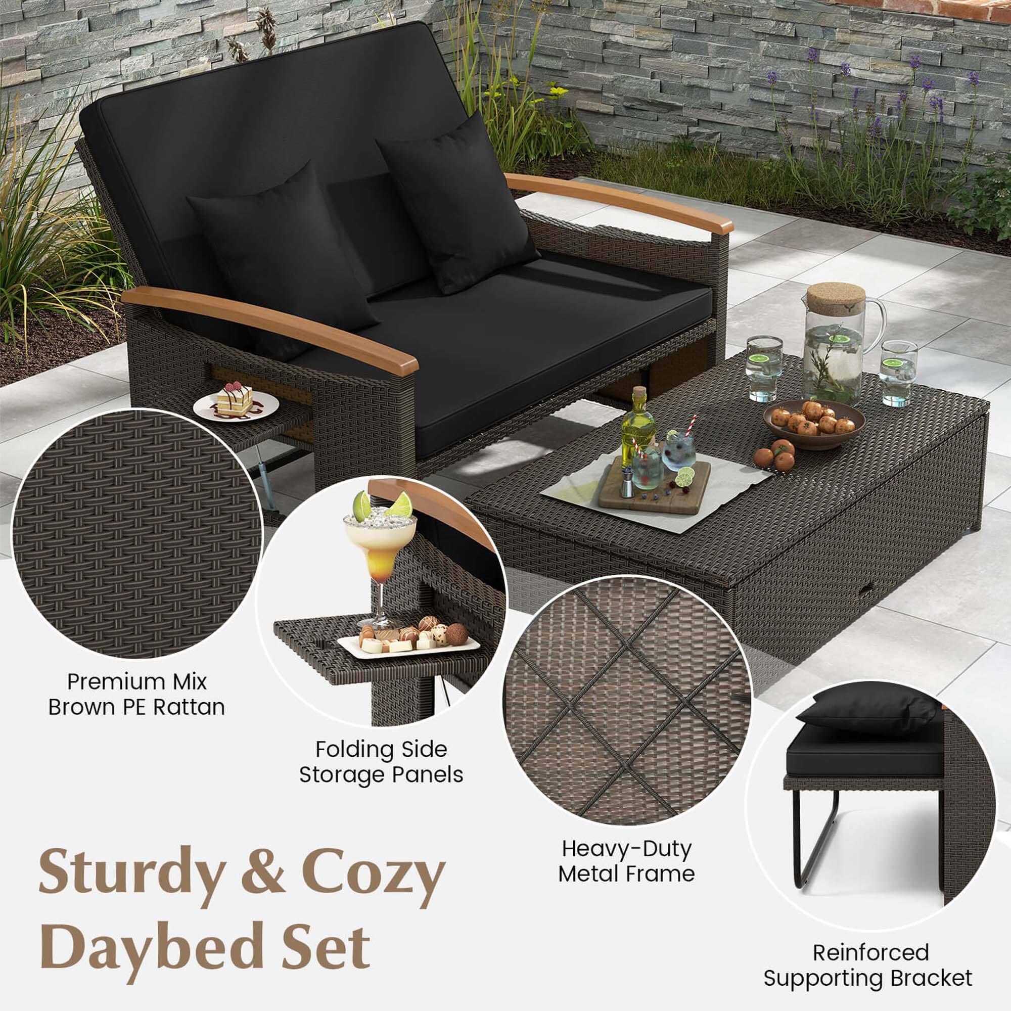 Premium Mix Brown PE Rattan Folding Side Storage Panels Sturdy & Cozy Daybed Set Heavy-Duty Metal Frame Reinforced Supporting Bracket