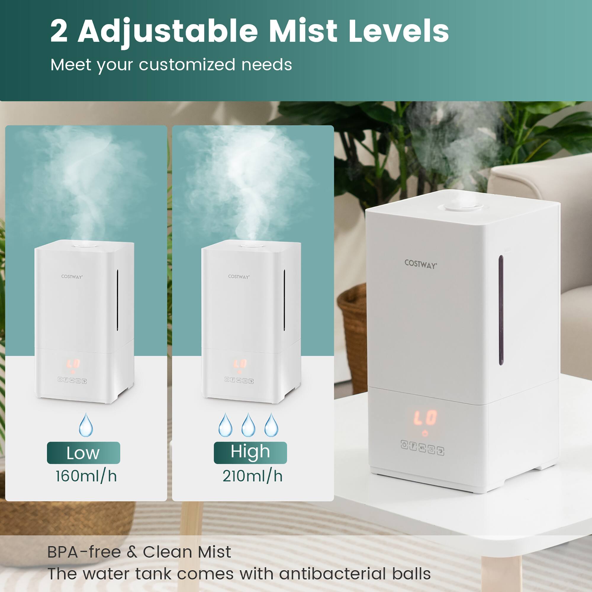The image features a white air purifier with two adjustable mist levels. The device is designed to meet your customized needs and is BPA-free and clean mist, making it a healthy choice for your home. The water tank comes with antibacterial balls, providing an extra layer of protection against germs and bacteria. The air purifier is placed on a table, and there are potted plants nearby, adding a touch of greenery to the room.