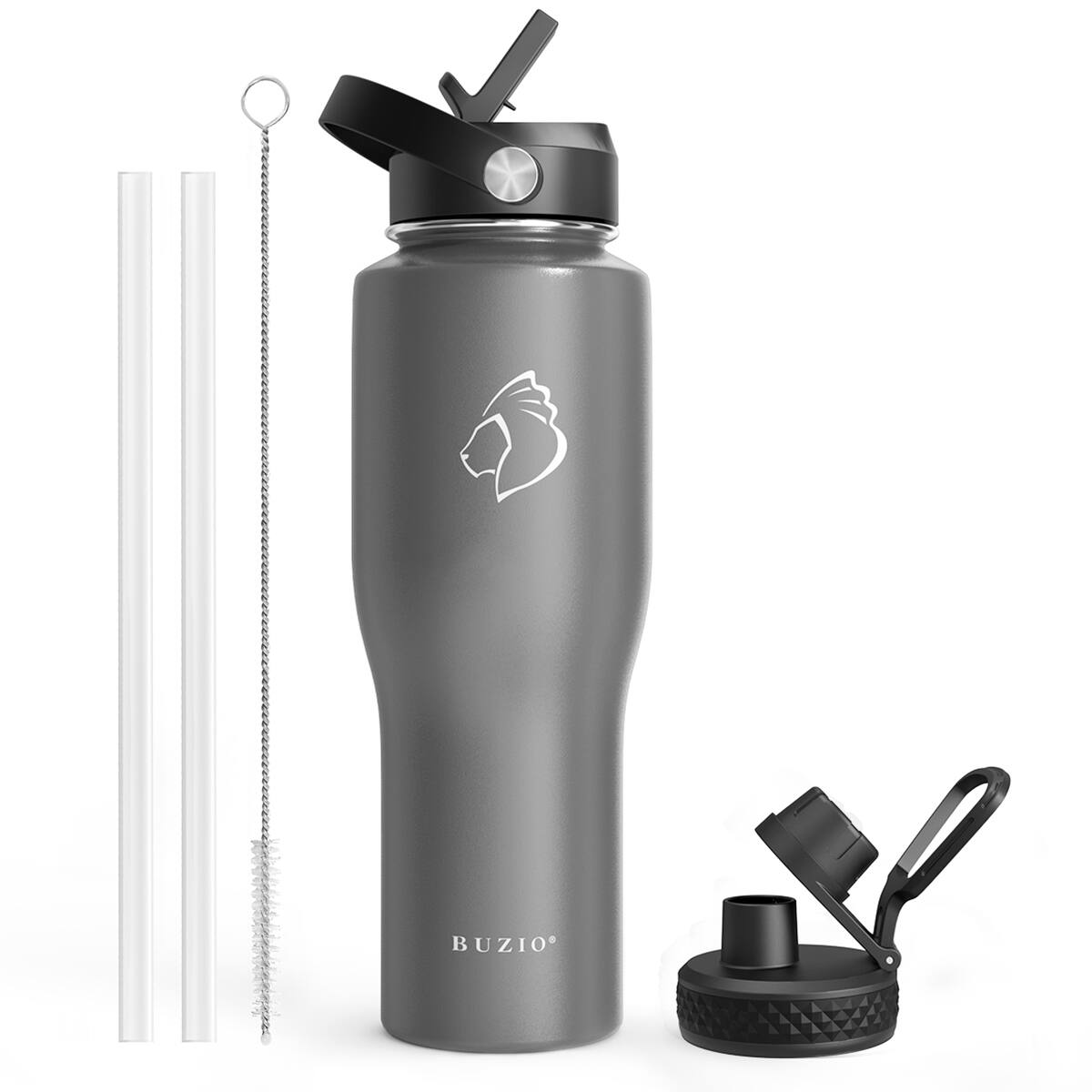 Angle Zoom. Buzio - 32oz Tumbler Water Bottle with Straw Lid and Spout Lid - Gray.