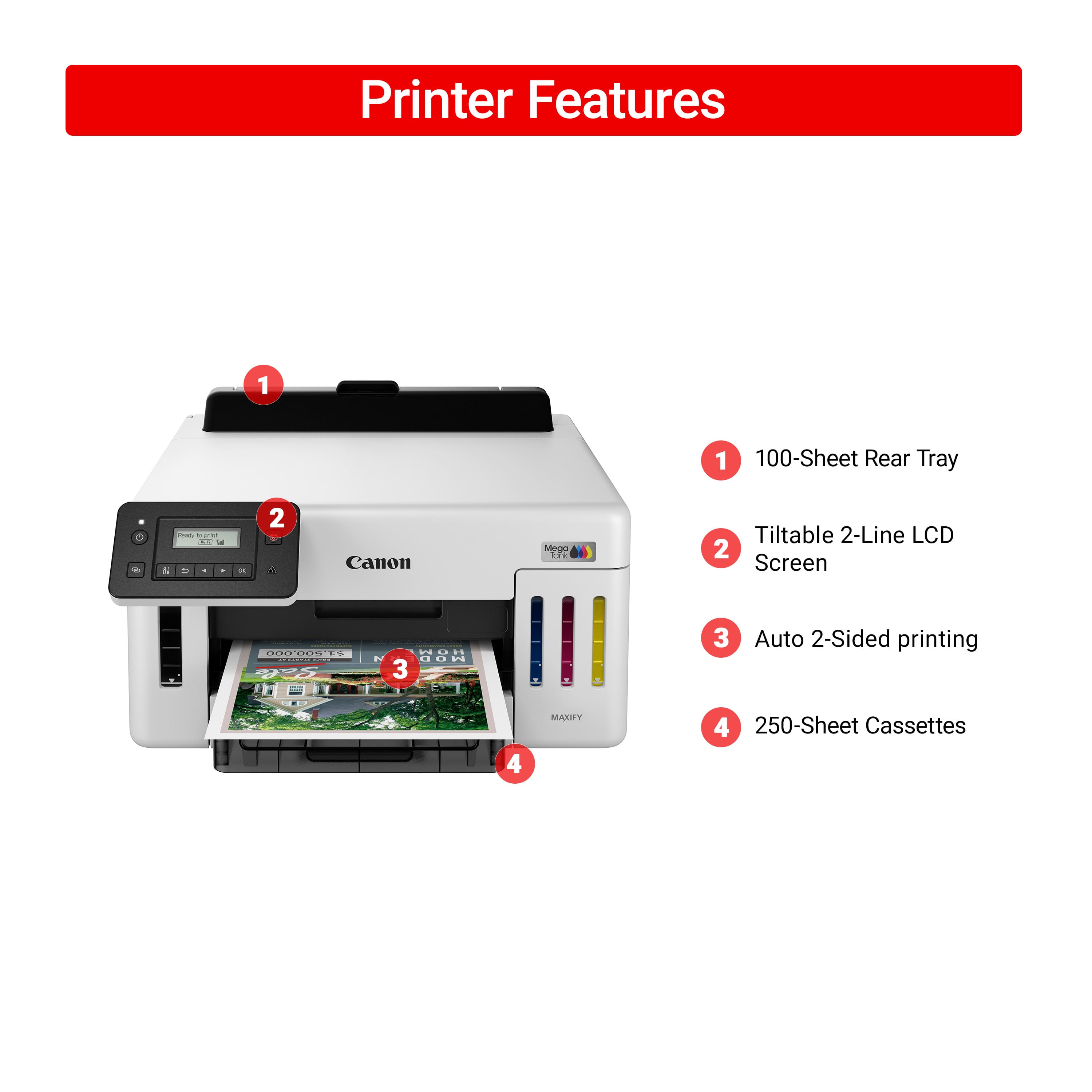 Printer Features:
1. 100-Sheet Rear Tray
2. Tiltable 2-Line LCD
3. Auto 2-Sided Printing
4. 250-Sheet Cassettes