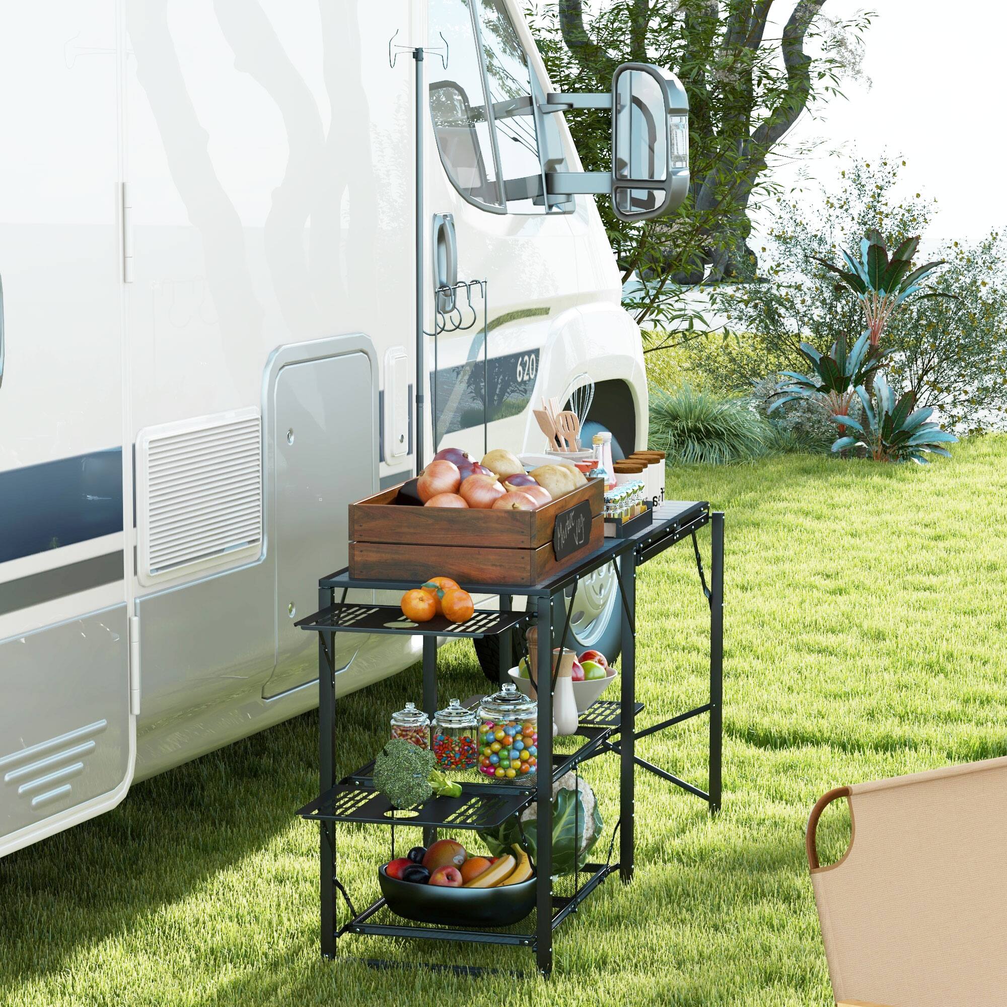 Alt View 7. Outsunny - Folding Camp Kitchen Table, Portable Camping Cooking Station with Adjustable Lantern Holder - Black.