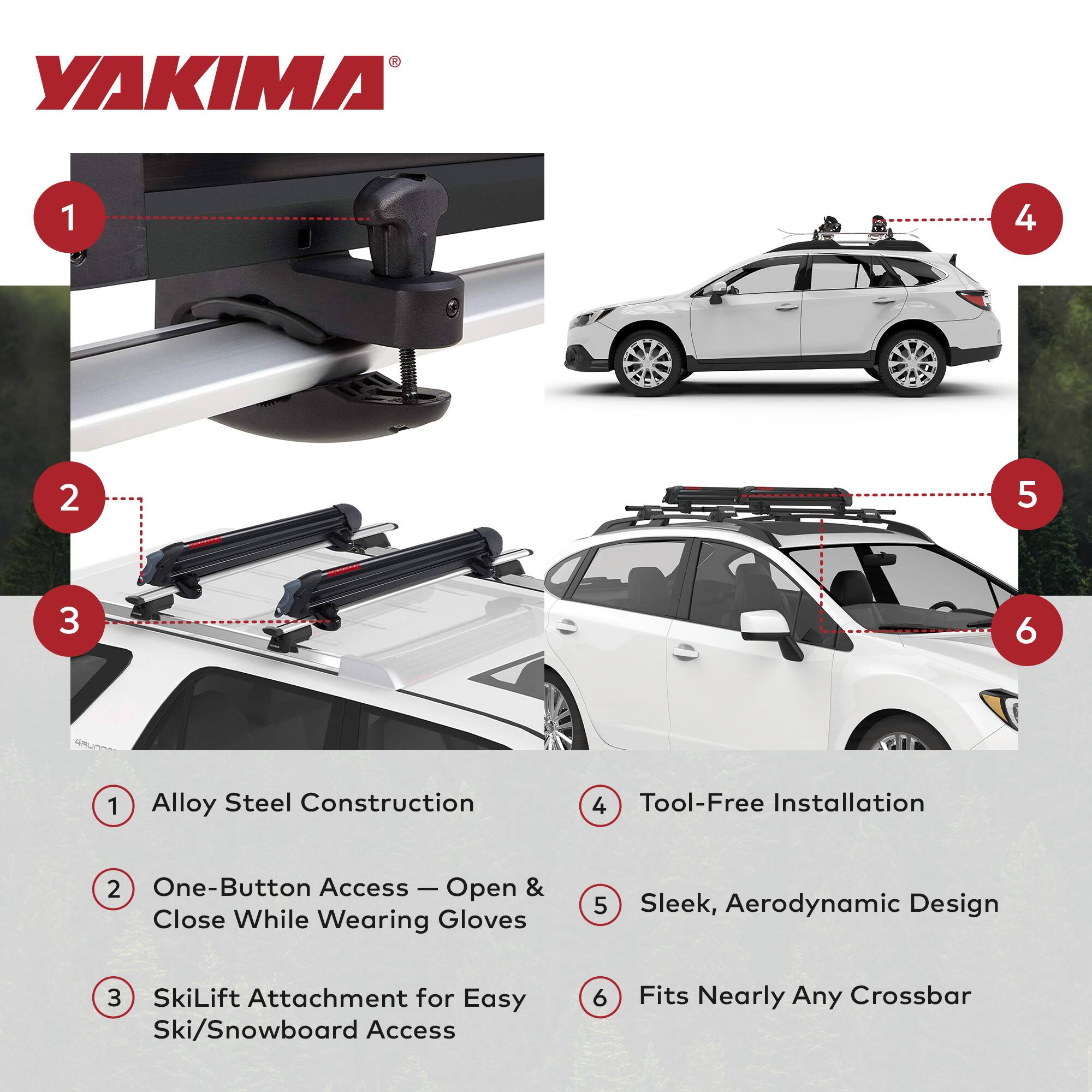 1. Alloy Steel Construction  
2. One-Button Access – Open & Close While Wearing Gloves  
3. SkiLift Attachment for Easy Ski/Snowboard Access  
4. Tool-Free Installation  
5. Sleek, Aerodynamic Design  
6. Fits Nearly Any Crossbar