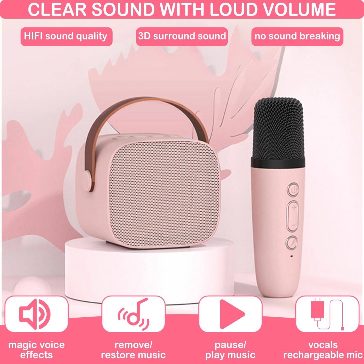 CLEAR SOUND WITH LOUD VOLUME

- HIFI sound quality
- 3D surround sound
- no sound breaking

- magic voice effects
- remove/ restore music
- pause/ play music
- vocals rechargeable mic