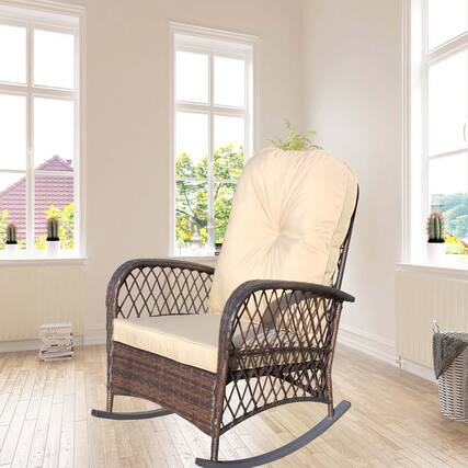 Front. Tiramisubest - Outdoor Wicker Rocking Chair with Wide Seat,Steel Frame & Thick Cushion for Patio,Garden,Backyard,Shallow brown Cushion - Brown.