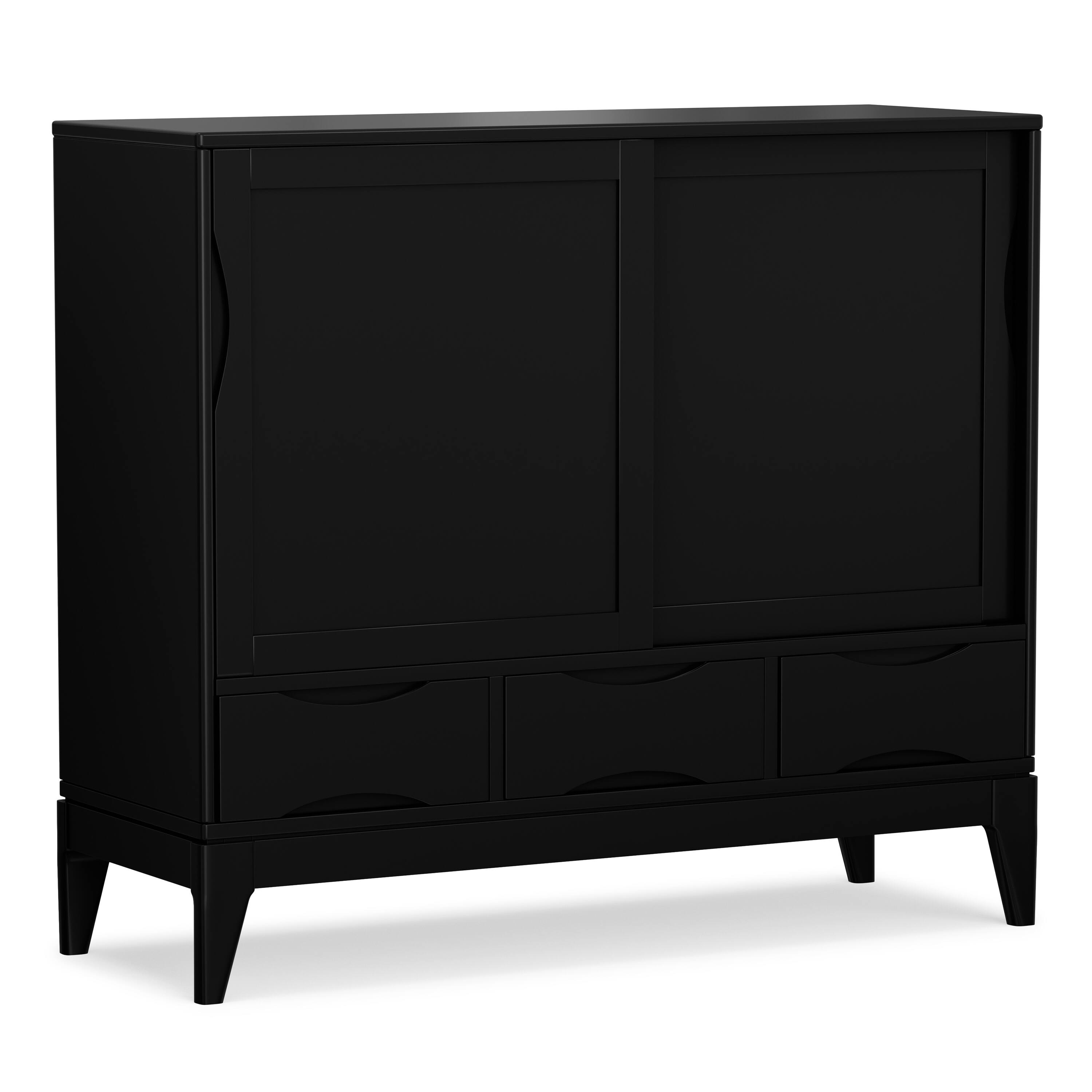 Front. Simpli Home - Harper 48 inch Wide Solid Hardwood Mid-Century Modern Medium Storage Cabinet in Black - Black.