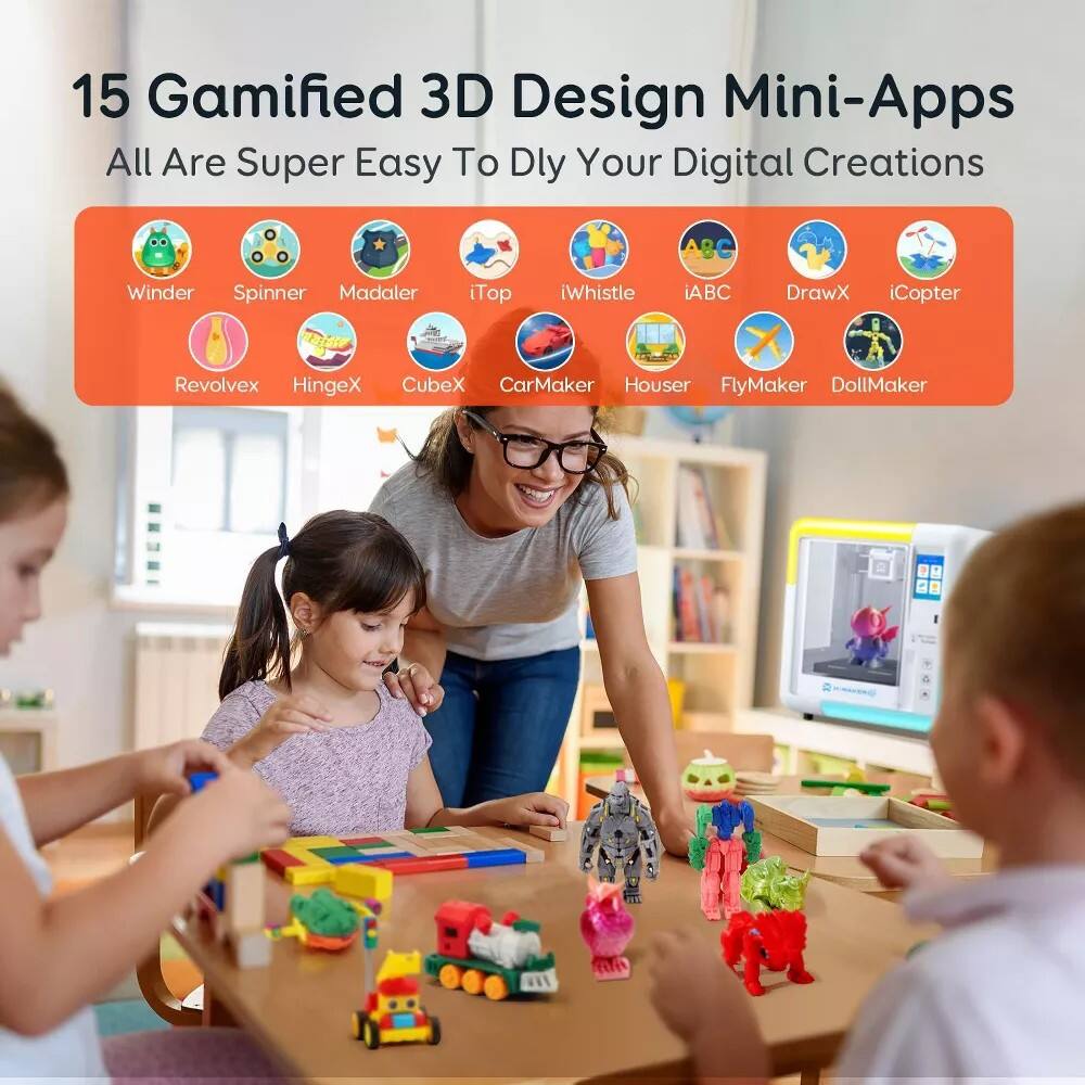 15 Gamified 3D Design Mini-Apps  
All Are Super Easy To Dly Your Digital Creations  

- Winder  
- Spinner  
- Madaler  
- iTop  
- iWhistle  
- iABC  
- DrawX  
- iCopter  
- Revolvex  
- HingeX  
- CubeX  
- CarMaker  
- Houser  
- FlyMaker  
- DollMaker