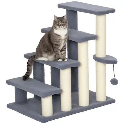 Front. Pawhut - 4 Levels Cat Steps, Carpeted Pet Stairs Ladder, Kitten Tree Climber with Scratching Posts, Hanging Play Ball, Side Step - Gray.