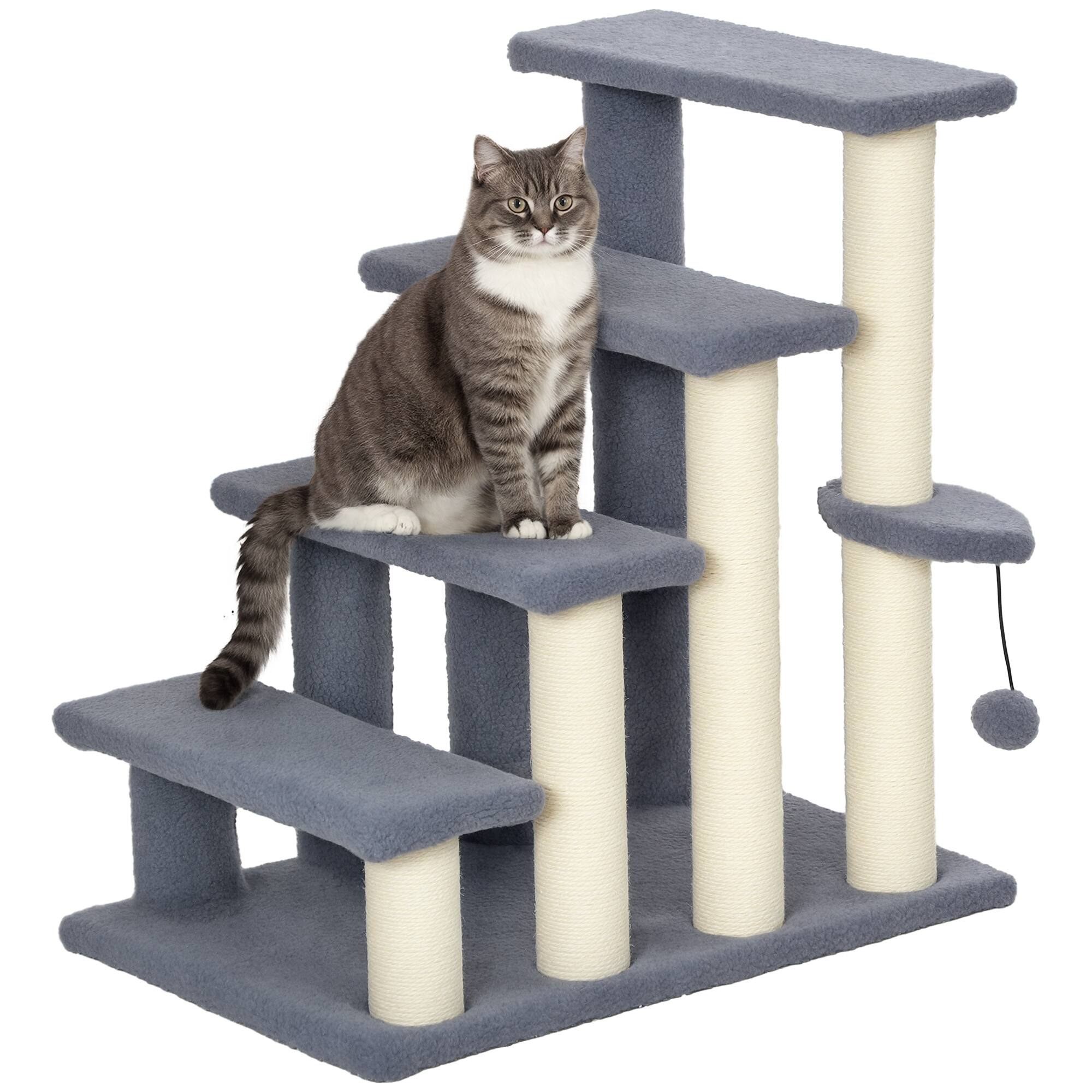 Front. Pawhut - 4 Levels Cat Steps, Carpeted Pet Stairs Ladder, Kitten Tree Climber with Scratching Posts, Hanging Play Ball, Side Step - Gray.