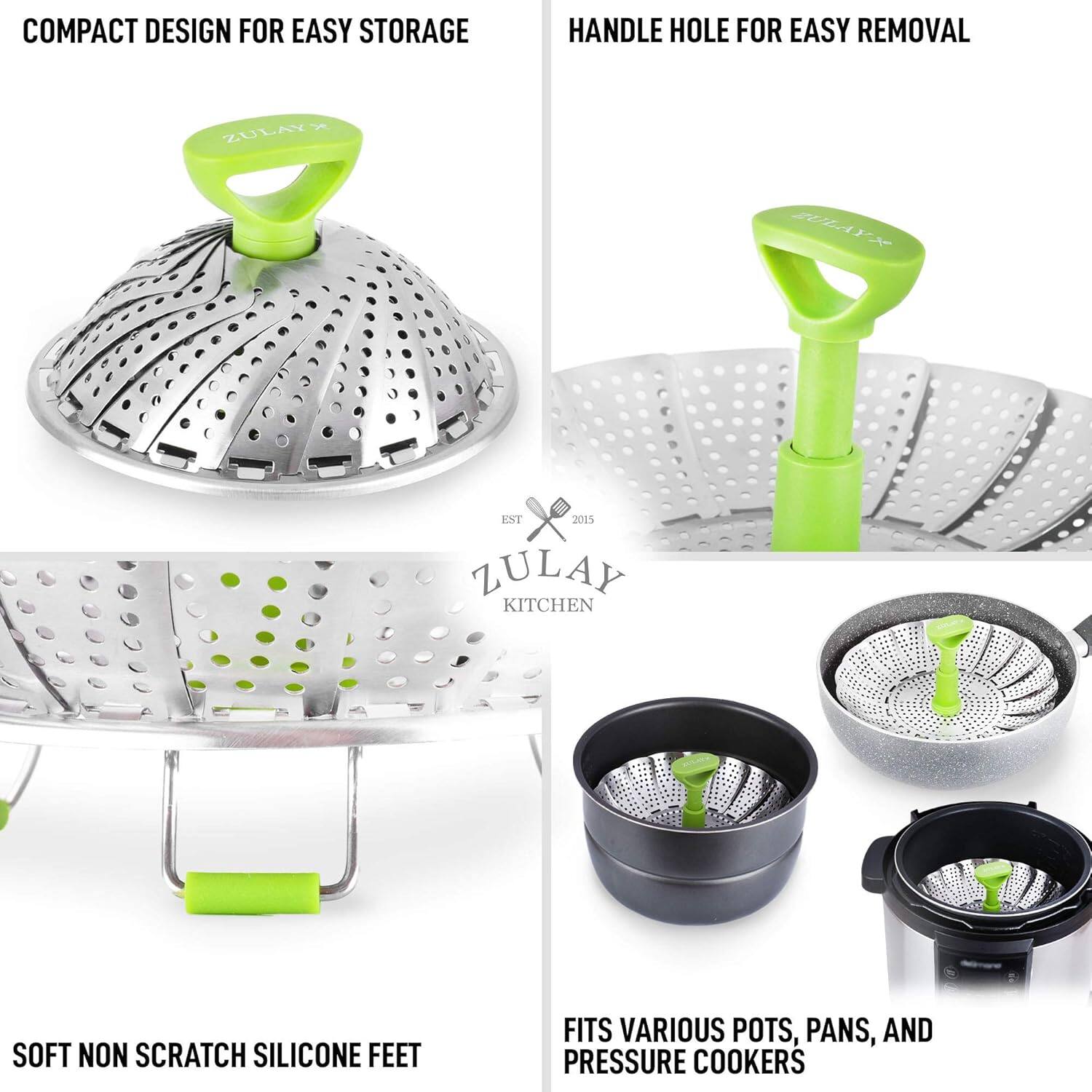 - COMPACT DESIGN FOR EASY STORAGE
- HANDLE HOLE FOR EASY REMOVAL
- SOFT NON SCRATCH SILICONE FEET
- FITS VARIOUS POTS, PANS, AND PRESSURE COOKERS