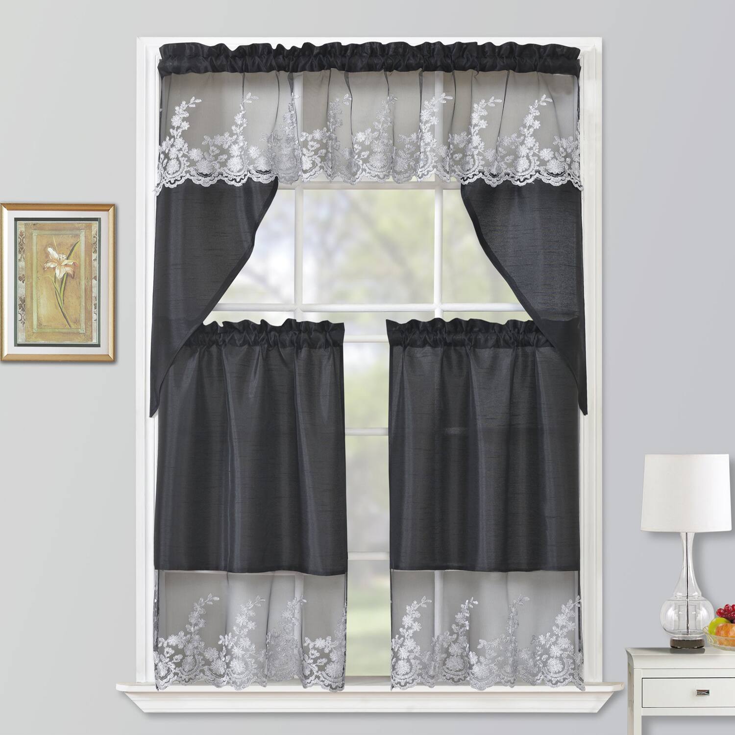 Angle. RT Designers Collection - RT Designers Collection Polyester Bethany Embroidered 3 PC Kitchen Curtains Tier & Swag Set 60" x 36" Black - Black.