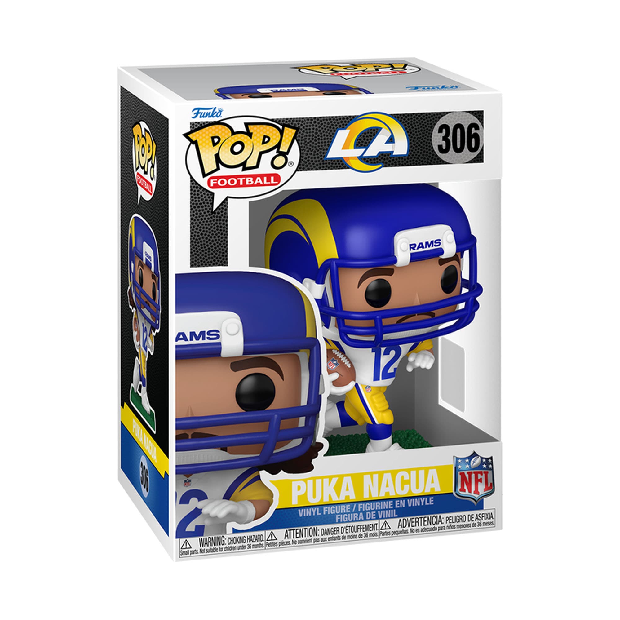 Sure, here is the corrected and grouped text from the image:
---
**Funko POP! FOOTBALL**
**LA 306**
**PUKA NACUA**
**VINYL FIGURE / FIGURINE EN VINYLE / FIGURA DE VINIL**
**WARNING: CHOKING HAZARD - Small parts. Not for children under 3 years.**
**ADVERTENCIA: PELIGRO DE ASFIXIA - Pequeñas piezas. No es adecuado para niños menores de 3 años.**
**ATTENTION: RISQUE DE SOUFFLEMENT - Petites pièces. Ne convient pas aux enfants de moins de 3 ans.**
**NFL**
---
This text is organized to reflect the information on the packaging, including the brand, series number, character name, product type, and safety warnings.