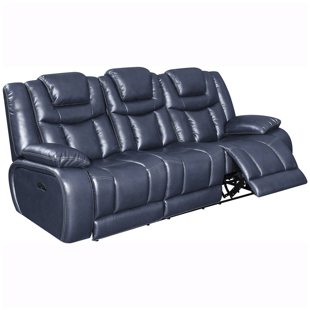 Angle. Global Furniture USA - Apex Leather Power Reclining Sofa with Drop Down Table and Power Headrests - Navy Blue - Blue.
