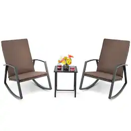 Pefilos - 3 Pieces Patio Rattan Rocking Furniture Set, Deluxe Outdoor Patio with Patio Coffee Table Deck - Brown