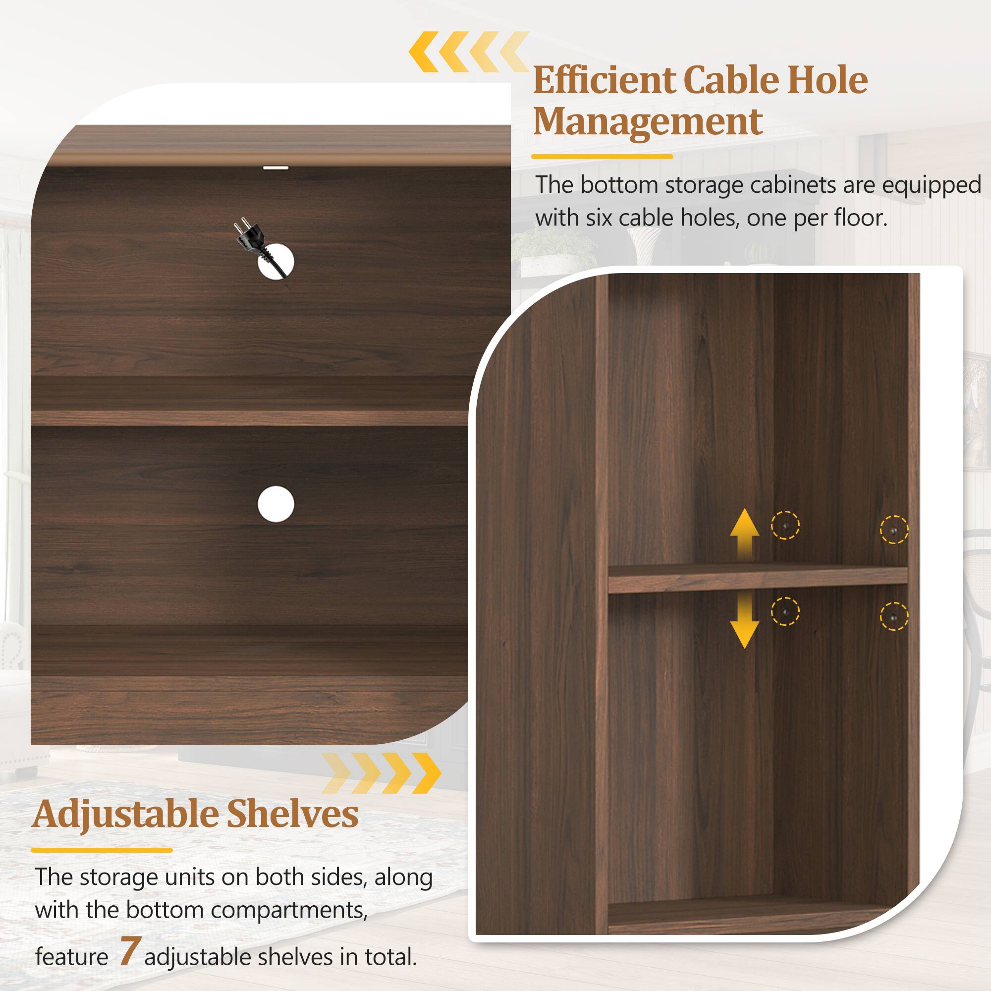 Efficient Cable Hole Management  
The bottom storage cabinets are equipped with six cable holes, one per floor.  

Adjustable Shelves  
The storage units on both sides, along with the bottom compartments, feature 7 adjustable shelves in total.