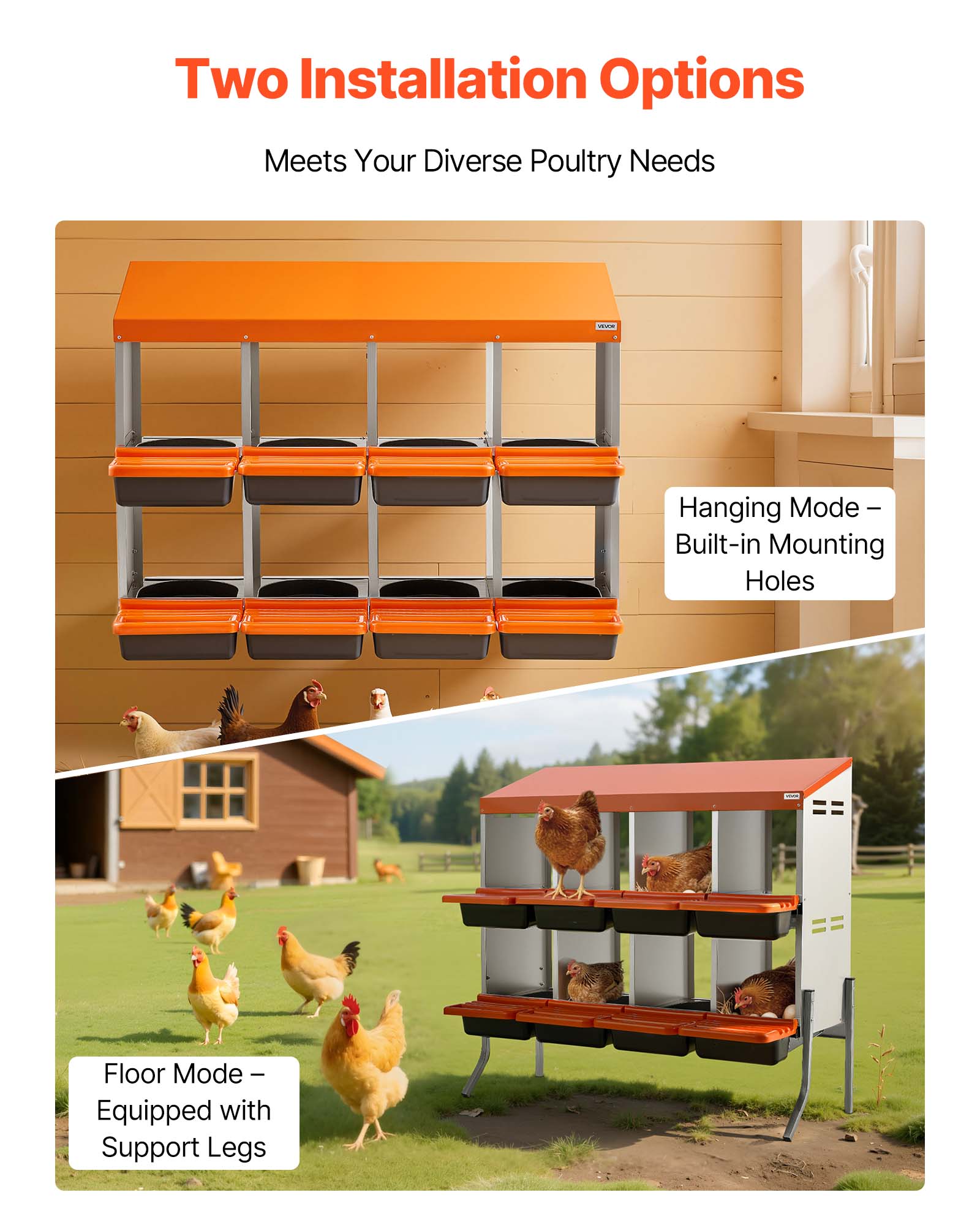 Two Installation Options  
Meets Your Diverse Poultry Needs  

Hanging Mode - Built-in Mounting Holes  

Floor Mode - Equipped with Support Legs