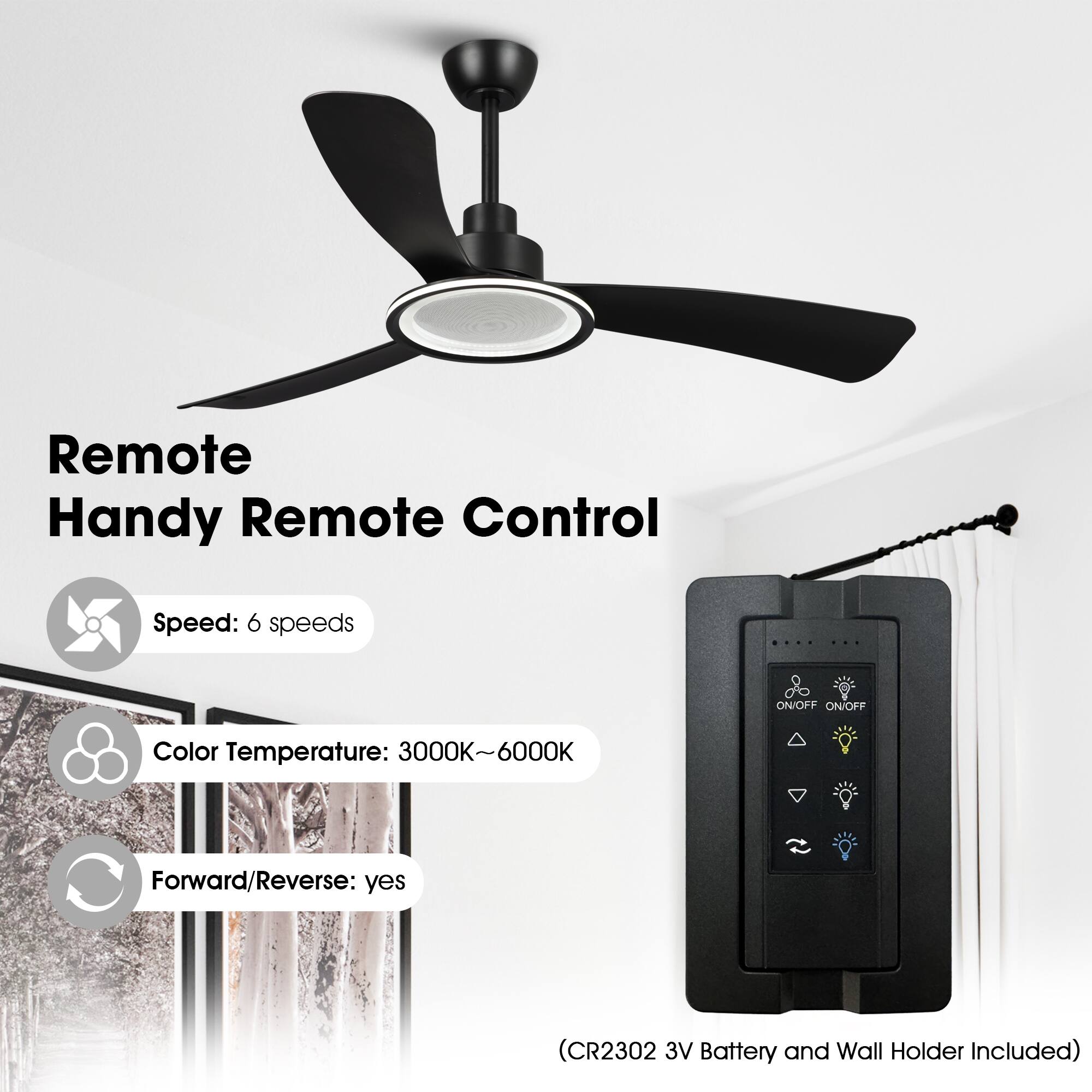 Remote Handy Remote Control  
Speed: 6 speeds  
Color Temperature: 3000K~6000K  
Forward/Reverse: yes  
(CR2302 3V Battery and Wall Holder Included)