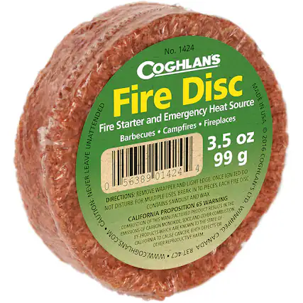 No. 1424
COGHLAN'S Fire Disc
MADE IN USA
Heat Starter and Emergency Heat Source
Barbecues • Campfires • Fireplaces
3.5 oz / 99 g
LEAVE NEVER UNATTENDED
REMOVE WRAPPER AND BREAK INTO PIECES. ONCE EACH IGNITED, DO NOT DISTURB.
FOR MULTIPLE USES, BREAK INTO PIECES. EACH FIRE DISC CONTAINS SAWDUST AND WAX.
CALIFORNIA PROPOSITION 65 WARNING:
COMBUSTION OF THIS MANUFACTURED PRODUCT RESULTS IN THE EMISSIONS OF CARBON MONOXIDE, SOOT, AND OTHER COMBUSTION BY-PRODUCTS KNOWN TO THE STATE OF CALIFORNIA TO CAUSE CANCER, BIRTH DEFECTS OR OTHER REPRODUCTIVE HARM.
CAUTION:
NEVER LEAVE UNATTENDED
COGHLAN'S LTD.
WINNIPEG, CANADA
www.coghlan.com
0 56389 01424 4