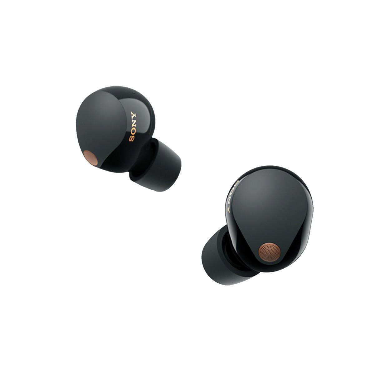 Left. Sony - Sony WF-1000XM5 Truly Wireless Noise Canceling Earbuds Bundle (Black) - Black/Black.