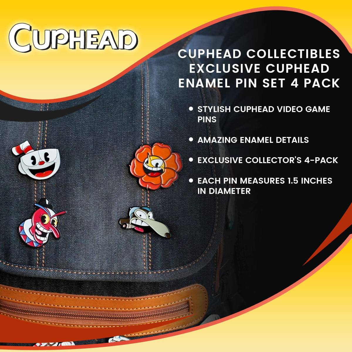Cuphead Collectibles Exclusive Cuphead Enamel Pin Set 4 Pack

- Stylish Cuphead Video Game Pins
- Amazing Enamel Details
- Exclusive Collector's 4-Pack
- Each Pin Measures 1.5 Inches in Diameter