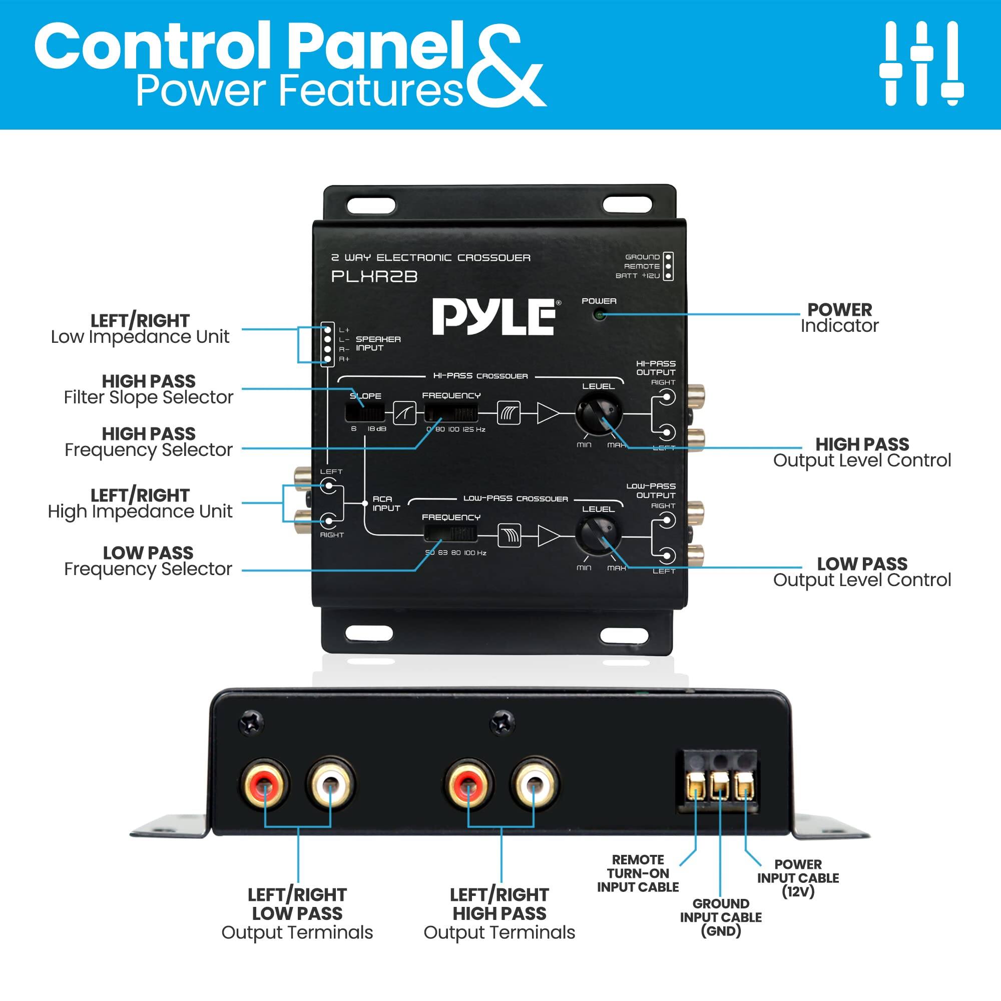 Control Panel & Power Features

LEFT/RIGHT Low Impedance Unit
HIGH PASS Filter Slope Selector
HIGH PASS Frequency Selector

LEFT/RIGHT High Impedance Unit
LOW PASS Frequency Selector

POWER Indicator

HIGH PASS Output Level Control
LOW PASS Output Level Control

LEFT/RIGHT LOW PASS Output Terminals
LEFT/RIGHT HIGH PASS Output Terminals

REMOTE POWER TURN-ON INPUT CABLE
POWER INPUT CABLE (12V)
GROUND INPUT CABLE (GND)