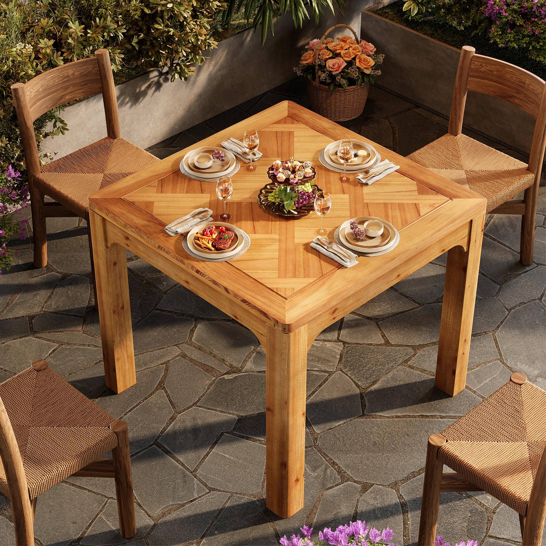Alt View 1. Tribesigns - 31.5" Square Farmhouse Dining Table, Solid Wood Rustic Kitchen Table with 3D Textured Tabletop, Wooden Dinner for Dining - Rustic Brown.