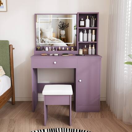 Front. Z-Edge - Vanity Desk Set with Padded Stool & Adjustable LED Lighted Mirror (3 Color Modes), Modern Dressing Table for Bedroom - Purple.
