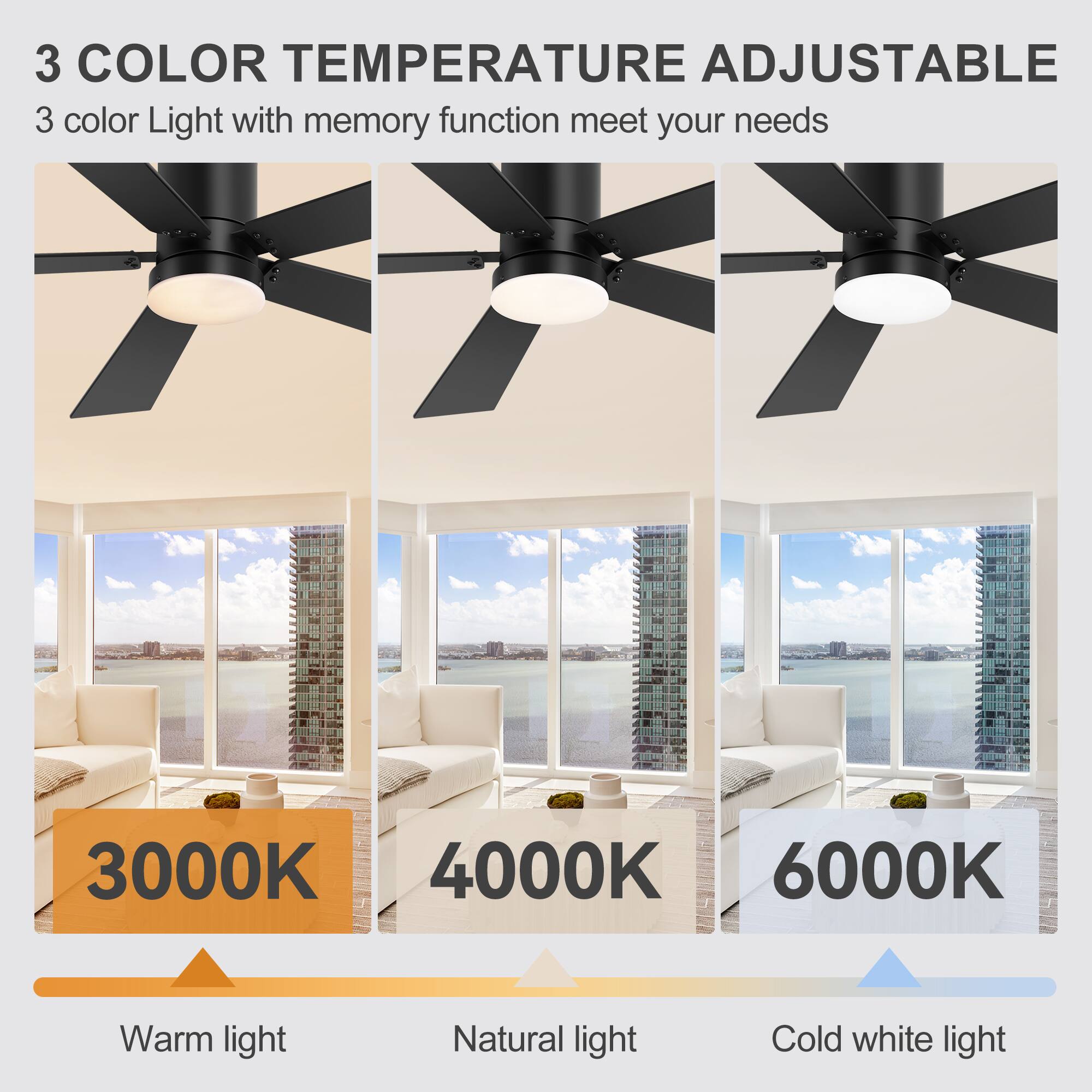 3 COLOR TEMPERATURE ADJUSTABLE  
3 color Light with memory function meet your needs  

3000K  
Warm light  

4000K  
Natural light  

6000K  
Cold white light