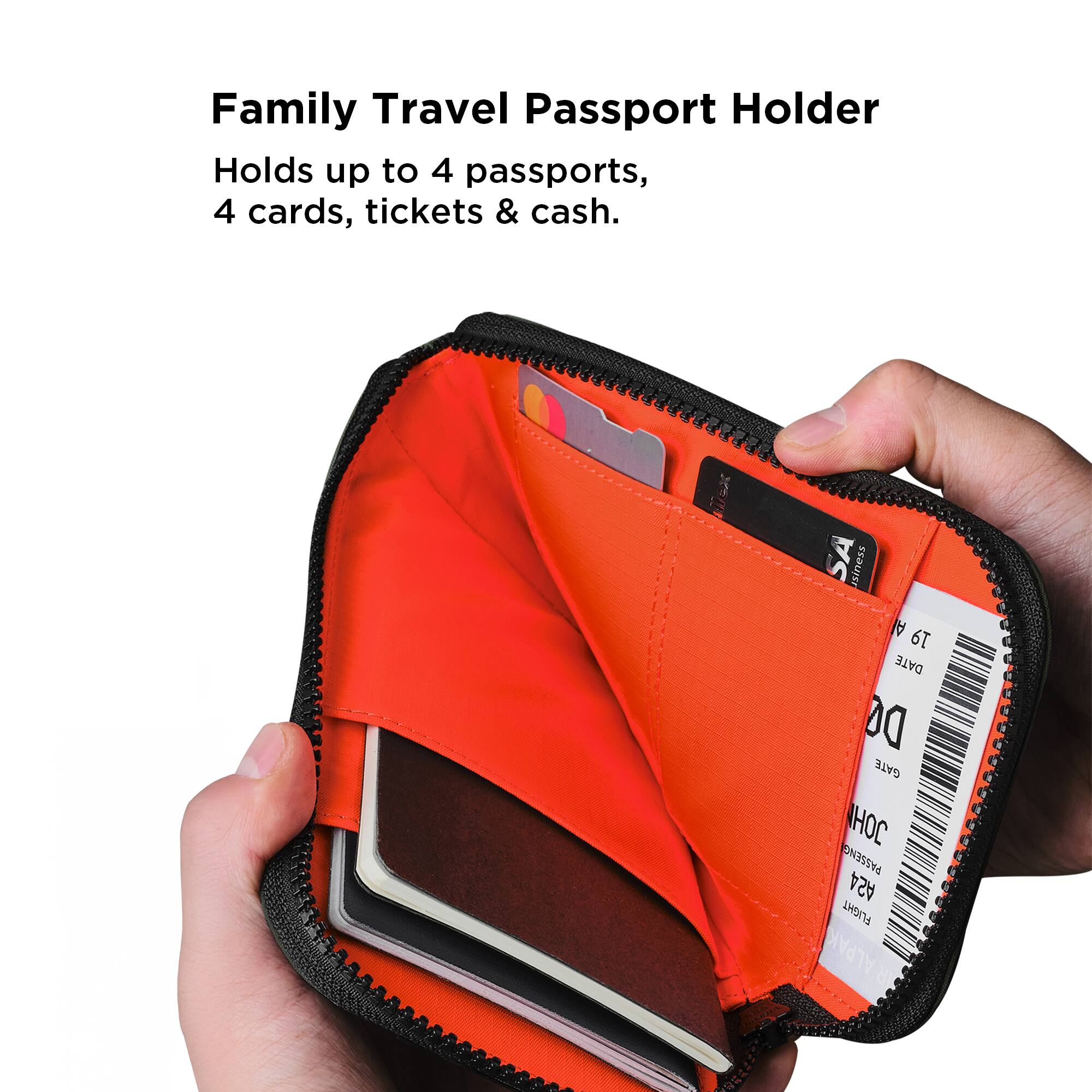 Family Travel Passport Holder  
Holds up to 4 passports, 4 cards, tickets & cash.