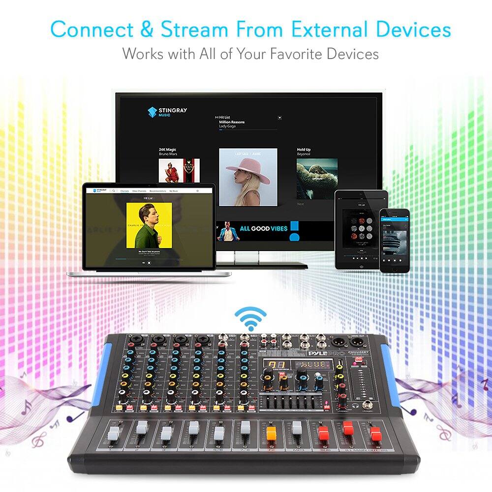 Connect & Stream From External Devices  
Works with All of Your Favorite Devices  

STINGRAY Music  
24/7 Magic Bruno Mars  
Lady Gaga  
Hold Up Beyoncé  

ALL GOOD VIBES