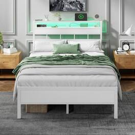 Furnulem - Bed Frame with 2-Tier Shelves Charging Station LED Lights Metal Slats Wood Headboard - White