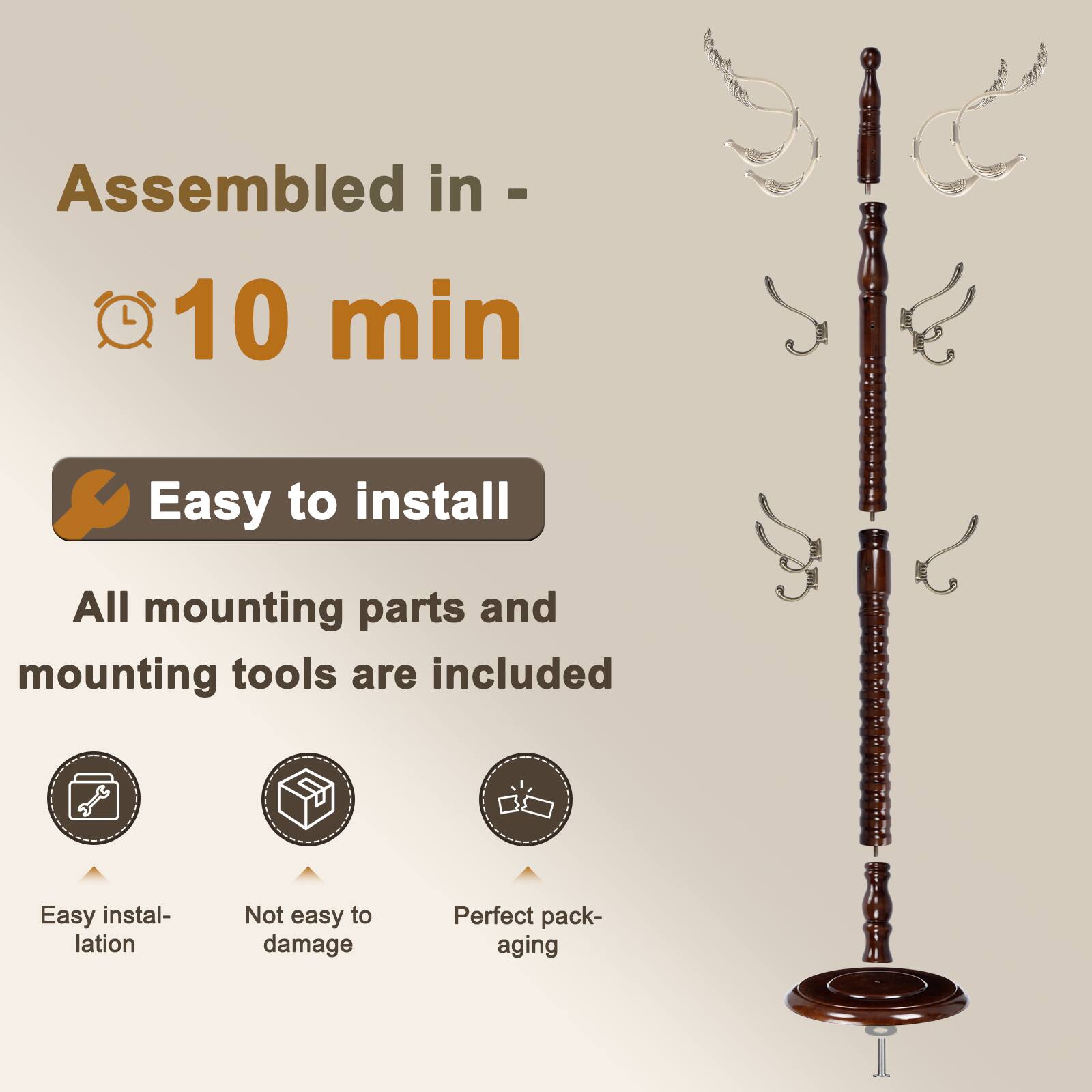 Alt View 2. Chateau Abodes - Solid Wood Coat Rack, Free Standing Hall Coat Tree with 14Hooks, 3 Height Options, 300lbs Load, Stury Base - Metal Phoenix Hook.