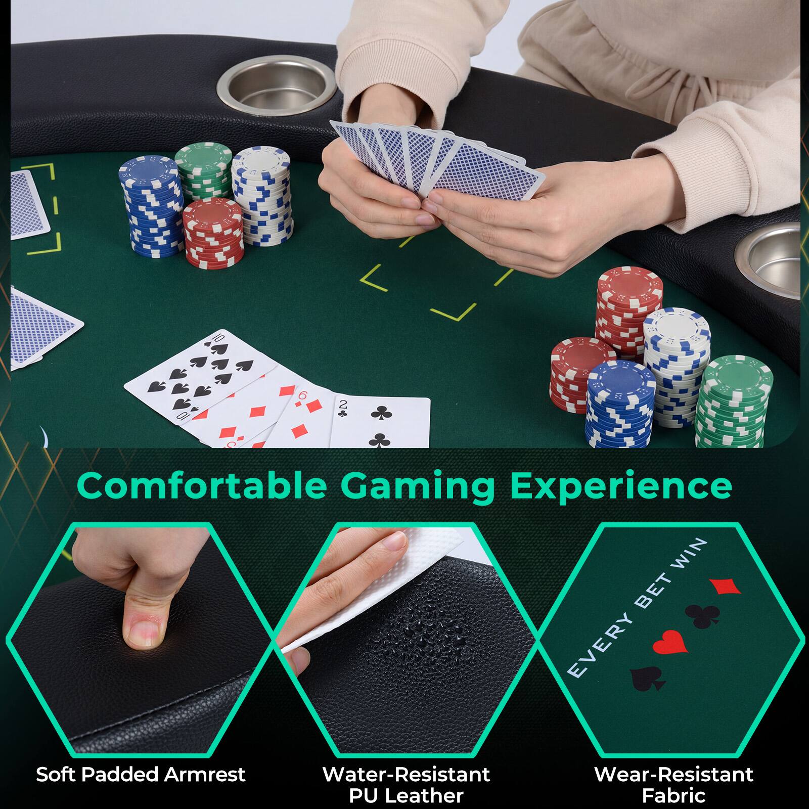 Comfortable Gaming Experience

- Soft Padded Armrest
- Water-Resistant PU Leather
- Wear-Resistant Fabric
- Every Bet Wins