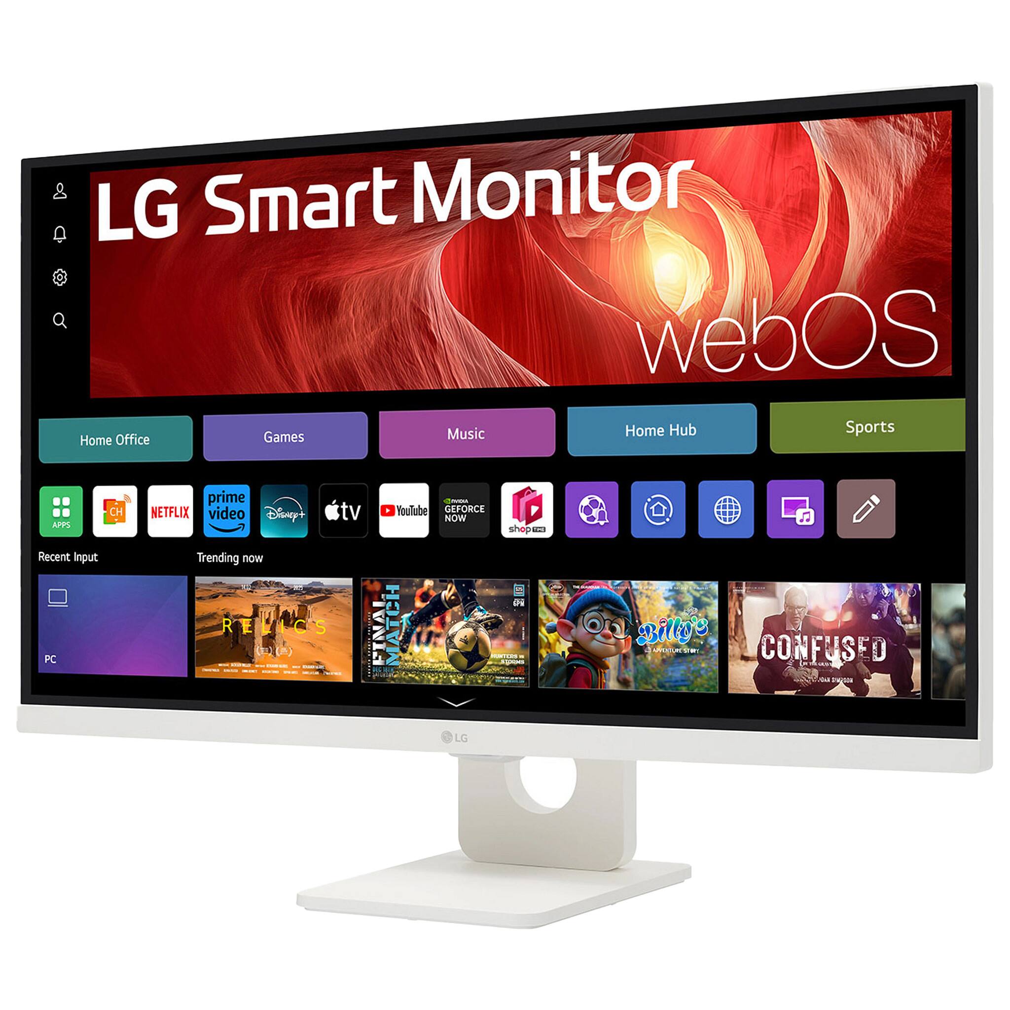 LG Smart Monitor  
webOS  

Home Office  
Games  
Music  
Home Hub  
Sports  

Recent Input  
Trending now  

prime  
CH  
NETFLIX  
video  
Disney+  
tv  
YouTube  
GEOFORCE NOW  
NOW  

REILICS (12(m))  
FINAL MATCH  
Billy'o  
CONFUSED  

LG