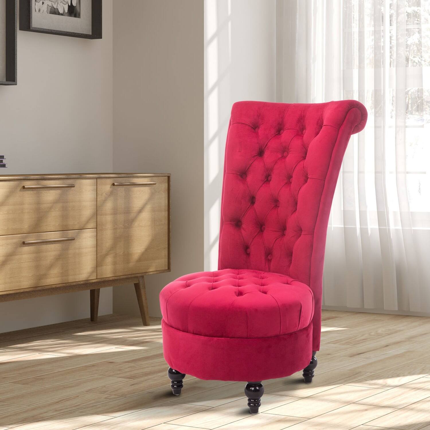 Angle. Hivvago - Red Tufted High Back Plush Velvet Upholstered Accent Low Profile Chair - Pink.