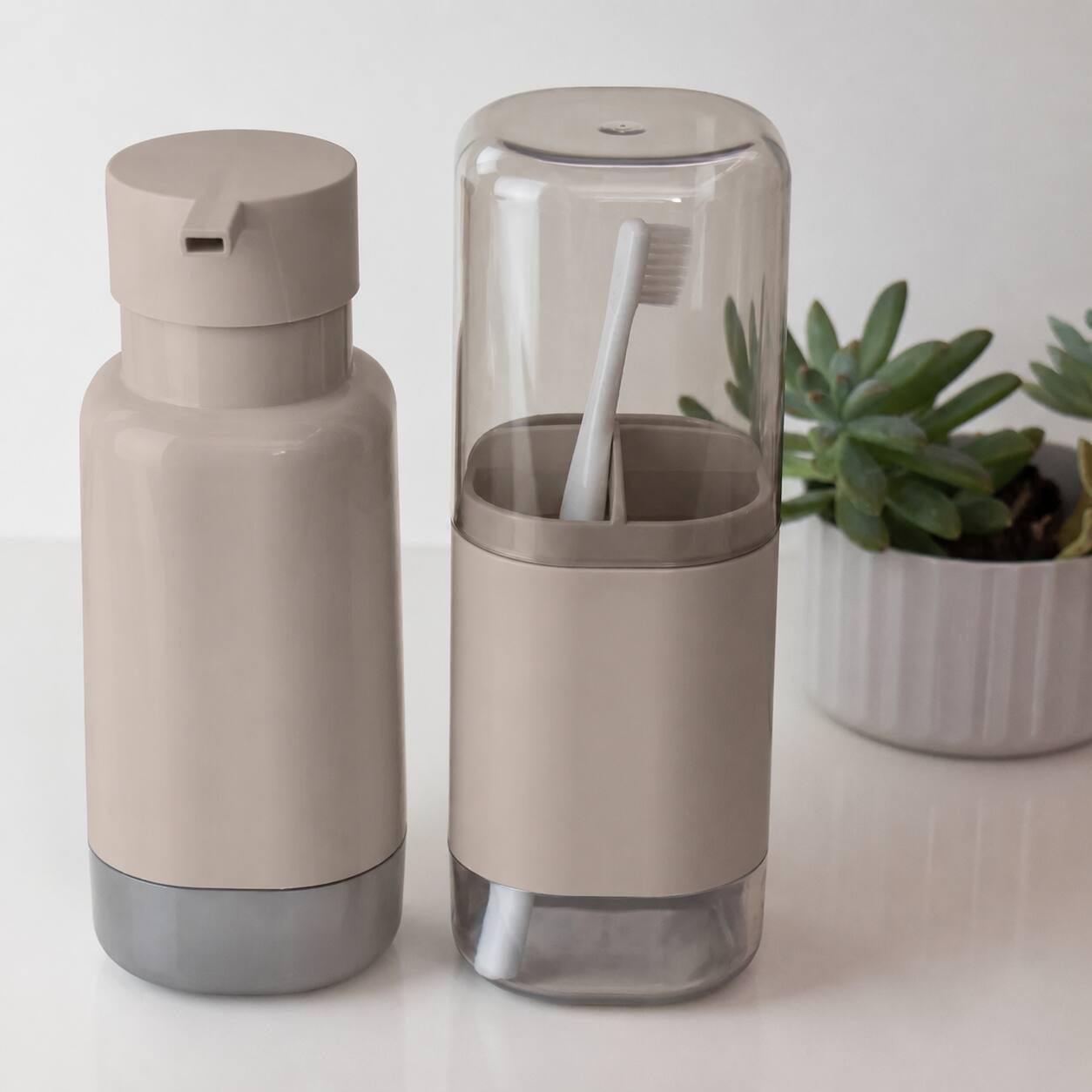 Angle. OU - OU Soap Dispenser & Toothbrush Holder, Dual Bathroom Set 17oz Soap Dispenser, Nonslip Brush Holder - Beige - Beige.