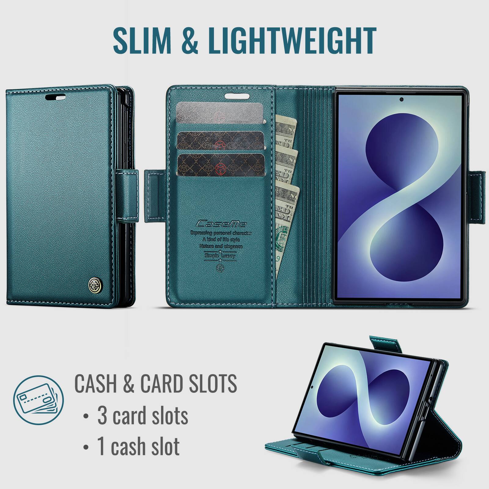 SLIM & LIGHTWEIGHT

CASH & CARD SLOTS
- 3 card slots
- 1 cash slot