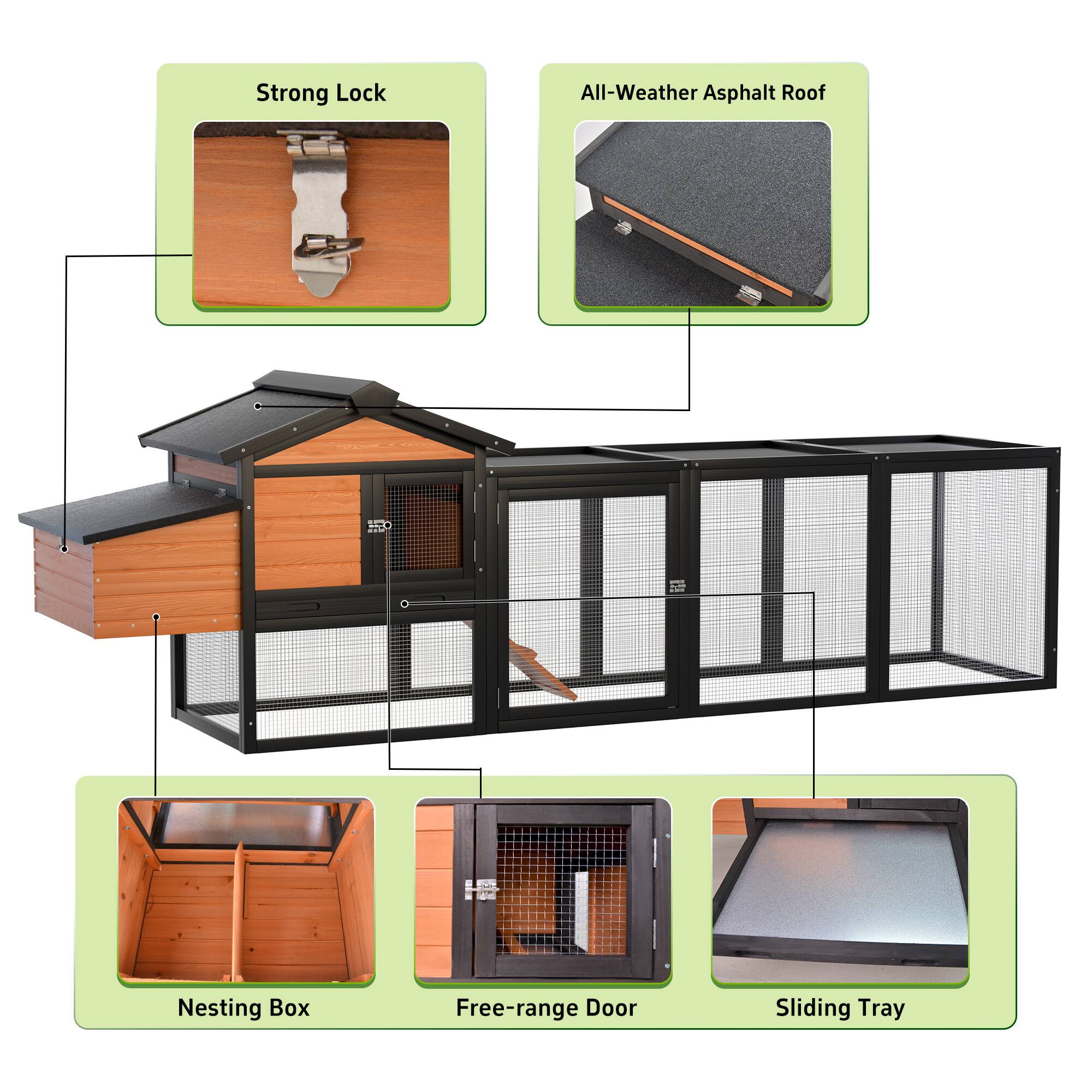 Strong Lock  
All-Weather Asphalt Roof  
Nesting Box  
Free-range Door  
Sliding Tray