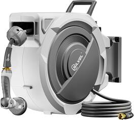 PHLEX PRO - Upgraded Retractable Garden Hose Reel, 5/8 in x 75FT Heavy Duty Automatic Hose Reel with 10 Pattern Nozzle - White and Gray