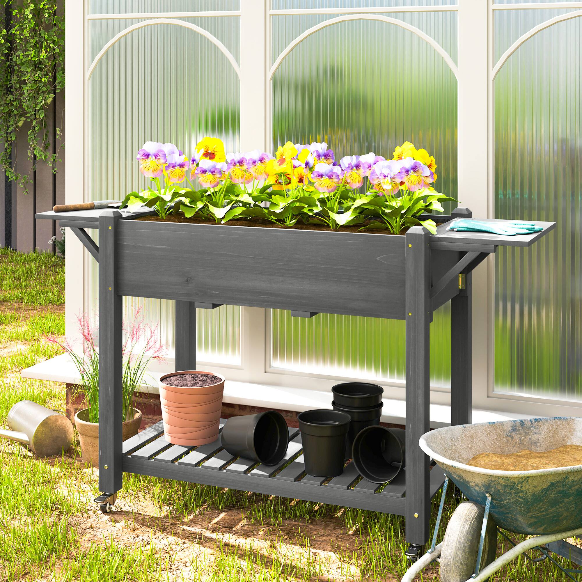 Alt View 1. Outsunny - Raised Garden Bed, 57 x 20.5 x 34 in Wood Elevated Planter Box with Lockable Wheels, Side Tables and Bottom Shelf - Gray.