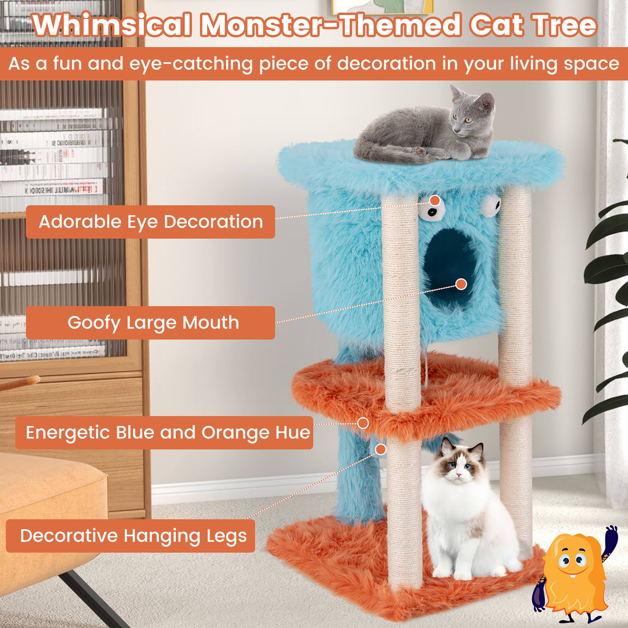 Whimsical Monster-Themed Cat Tree

As a fun and eye-catching piece of decoration in your living space

- Adorable Eye Decoration
- Goofy Large Mouth
- Energetic Blue and Orange Hue
- Decorative Hanging Legs