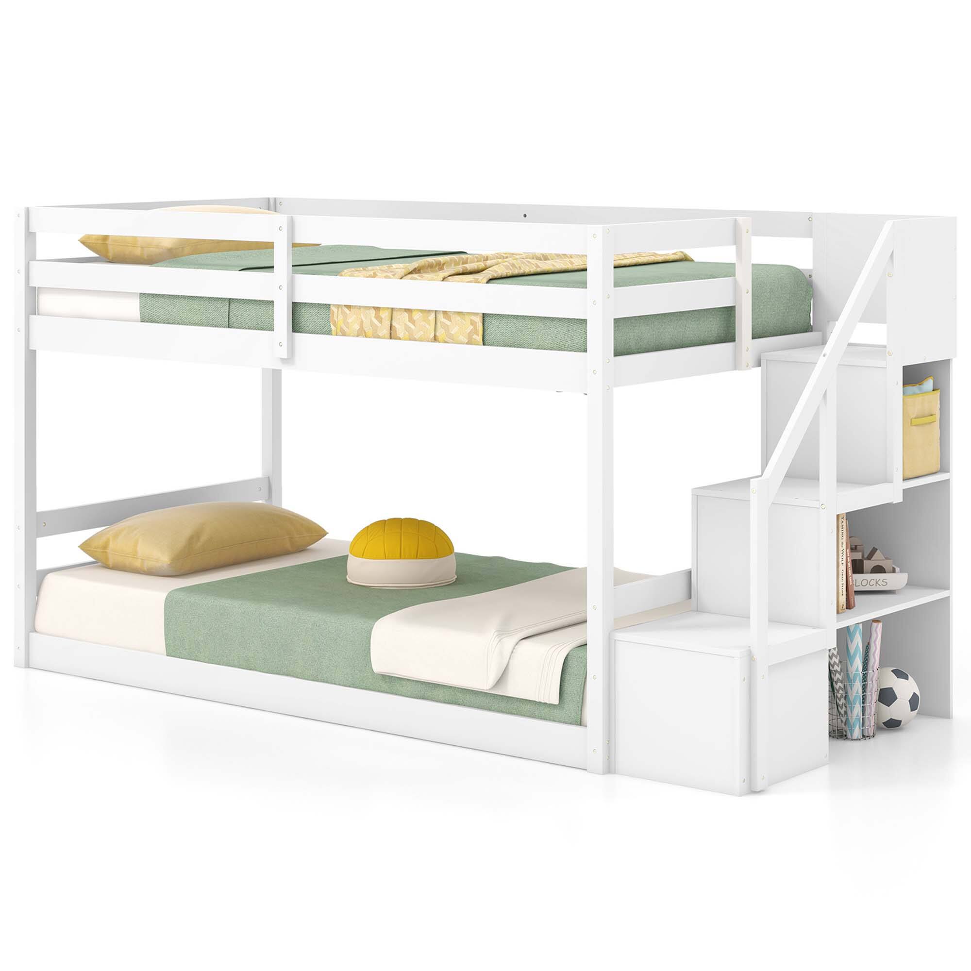 Costway - Twin Over Twin Low Bunk Bed Solid Wood Floor Bunk Bed Frame with Storage Stairs - White