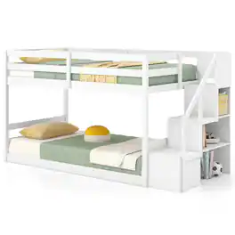 Costway - Twin Over Twin Low Bunk Bed Solid Wood Floor Bunk Bed Frame with Storage Stairs - White