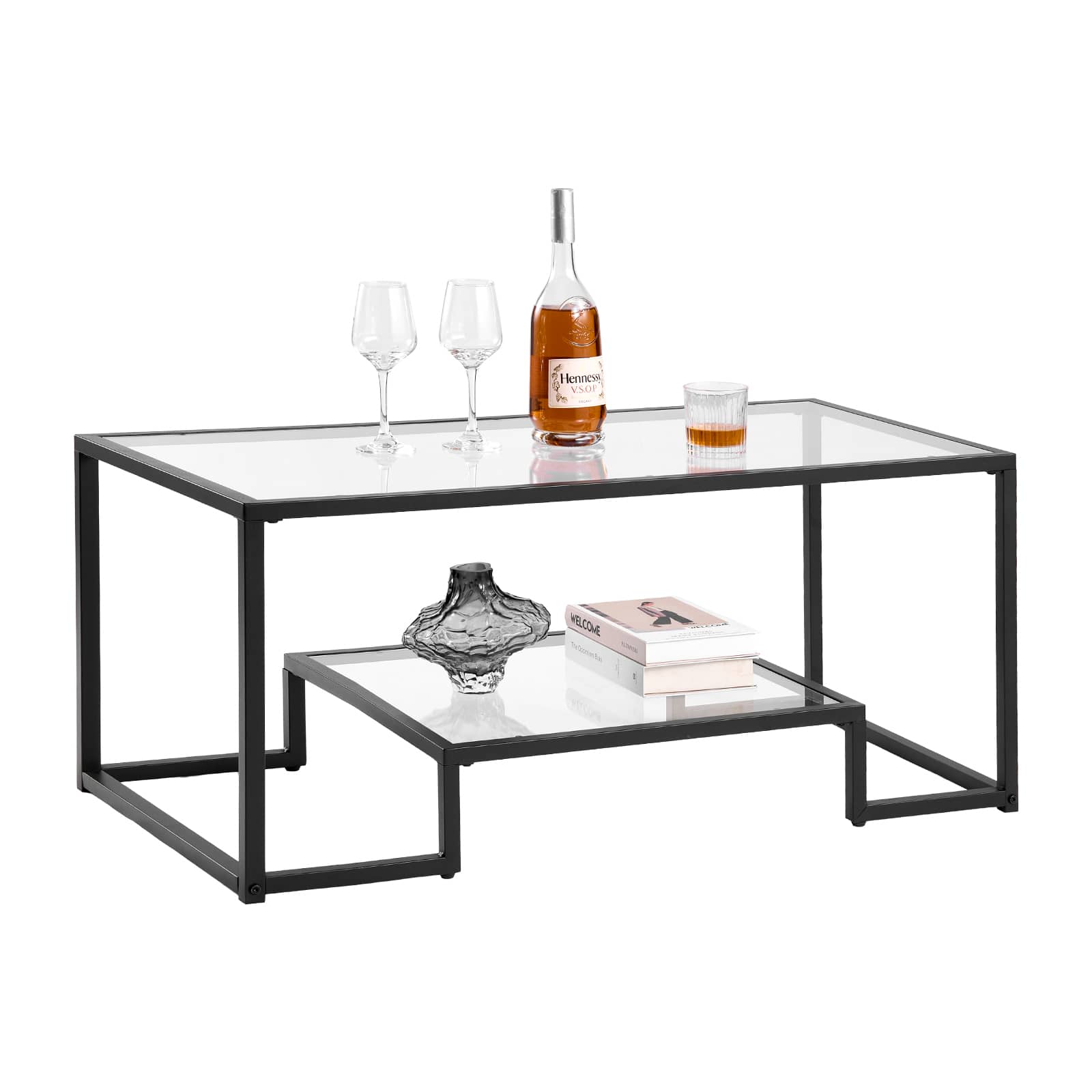 VEVOR - Coffee Table, Modern Tempered Glass Coffee Table, 2 Tiers Rectangle Glass Center Desk with Open Storage - Black + Transparent Glass